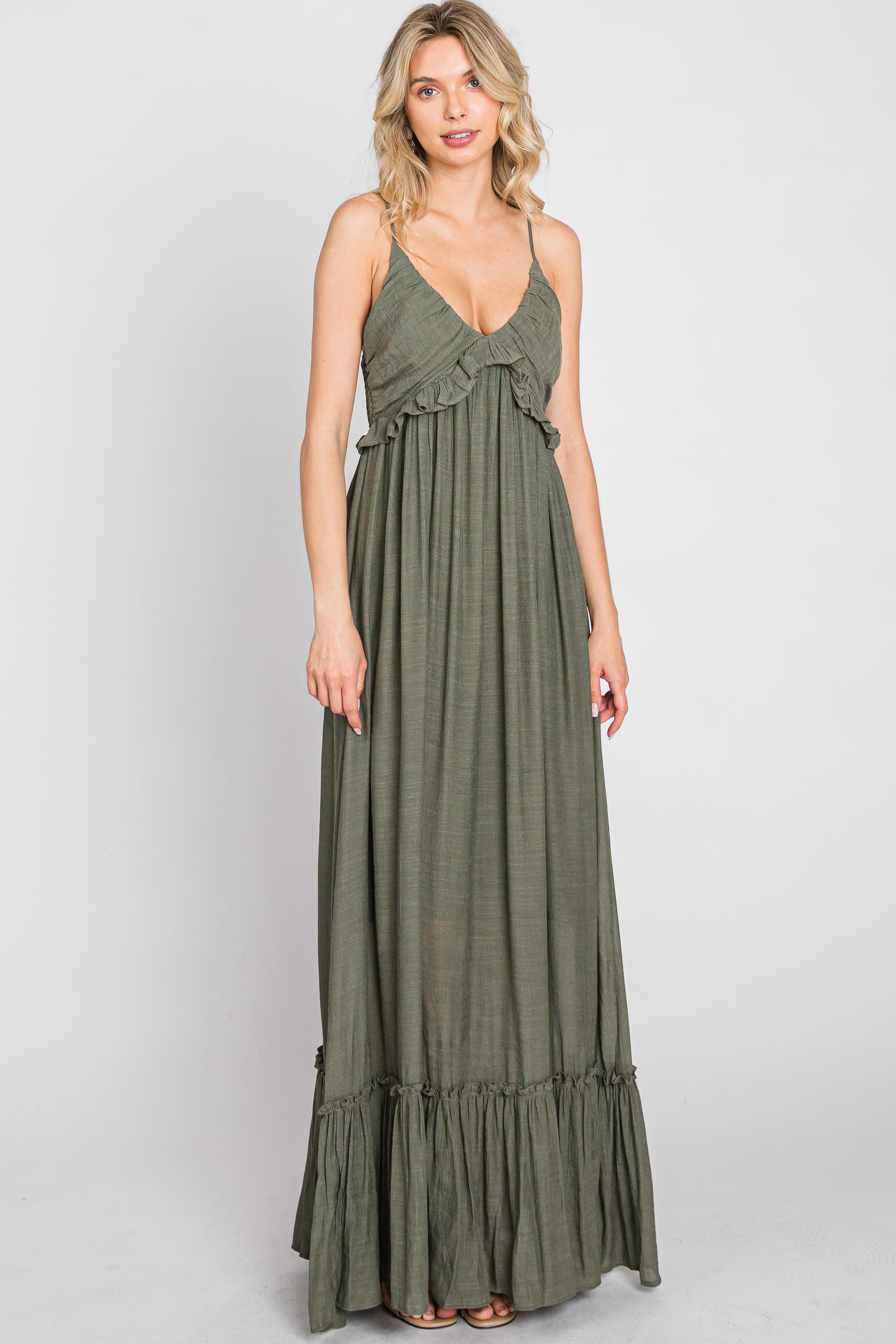 Olive Sleeveless Ruffle V-Neck Maxi Dress sold by Pinkblush product image thumbnail 2