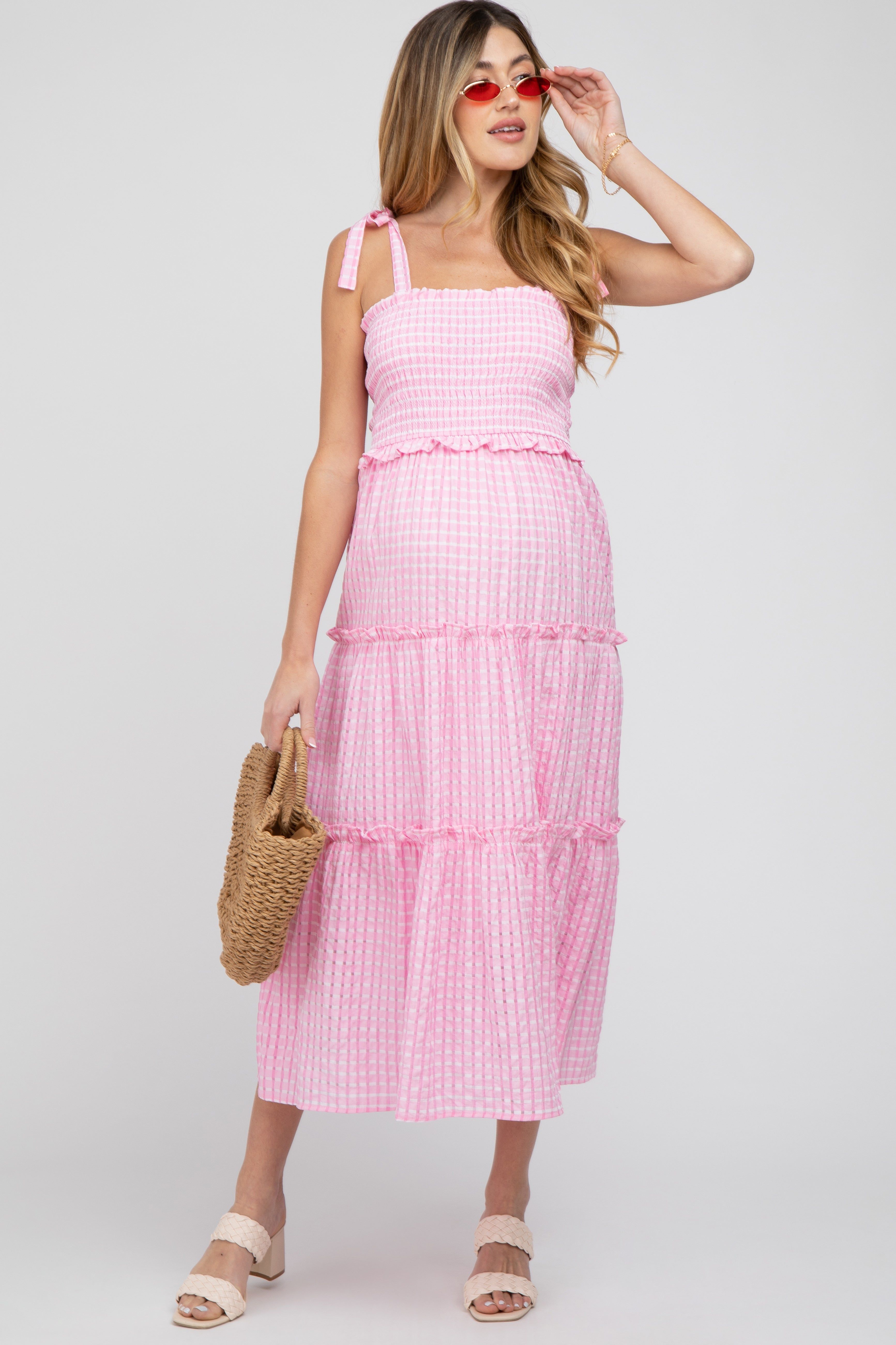 Pink Striped Smocked Shoulder Tie Maternity Midi Dress sold by Pinkblush