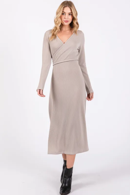 Beige Ribbed Long Sleeve Wrap Nursing Dress sold by Pinkblush