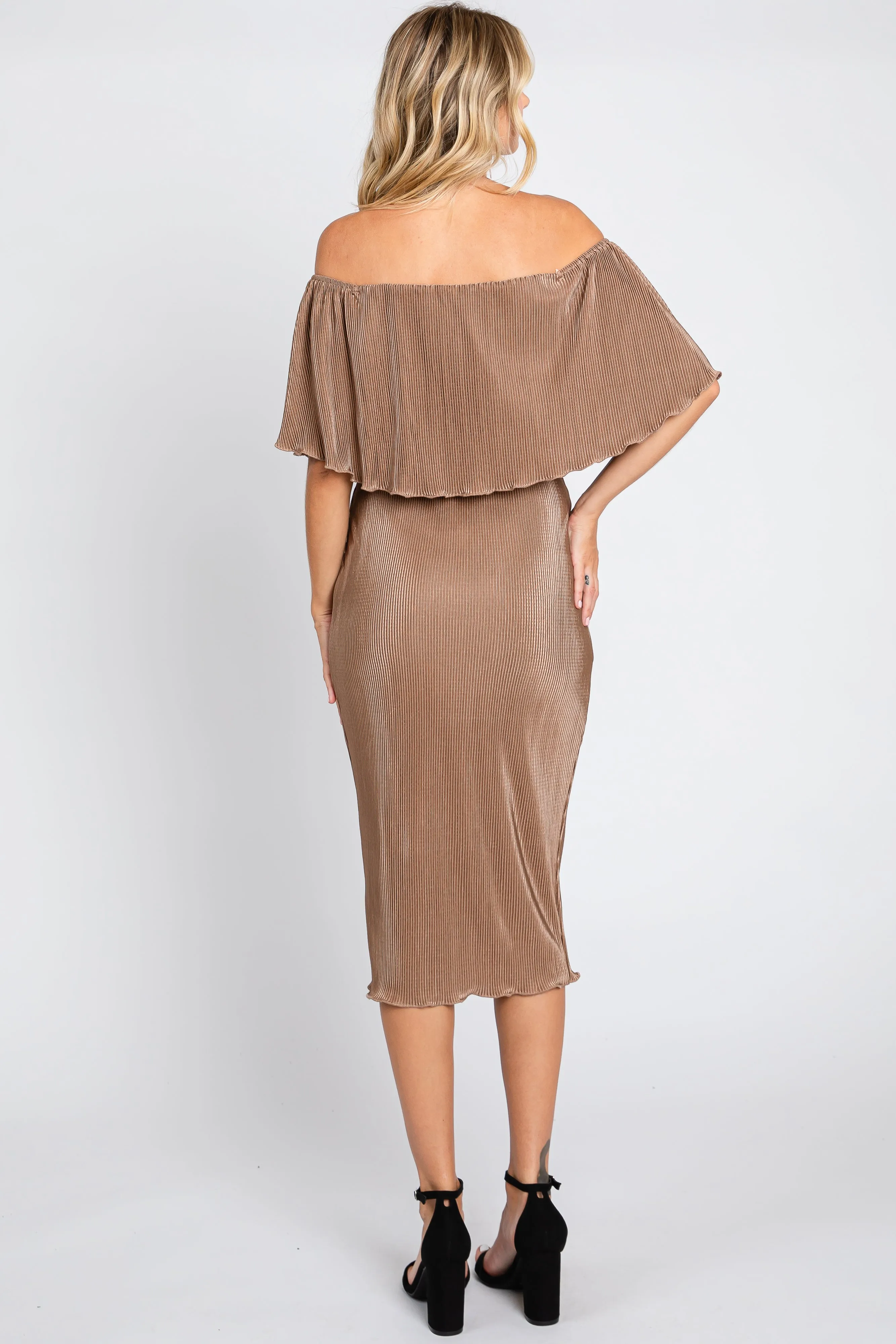 Mocha Pleated Rib Off Shoulder Dress sold by Pinkblush product image thumbnail 3