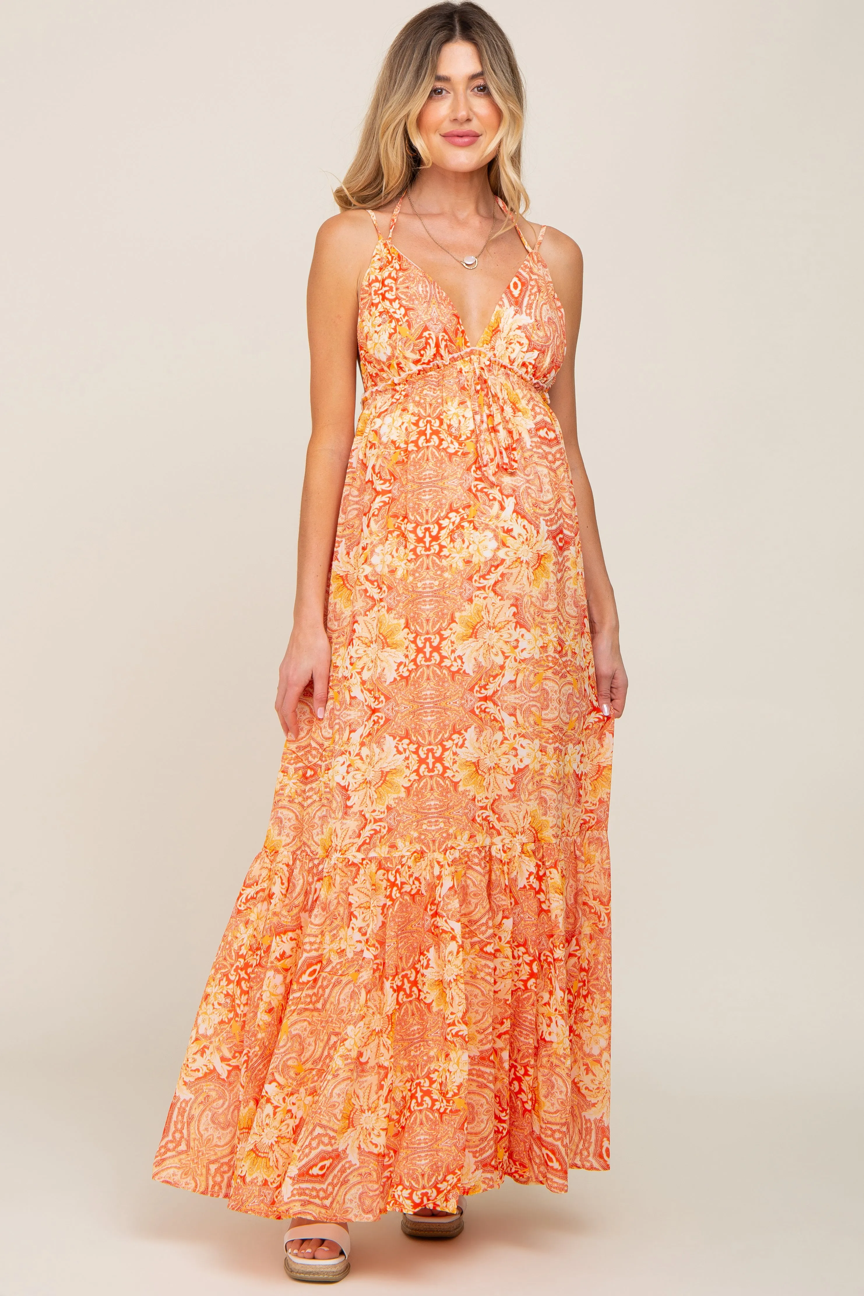 Orange Printed Halter Maternity Dress sold by Pinkblush