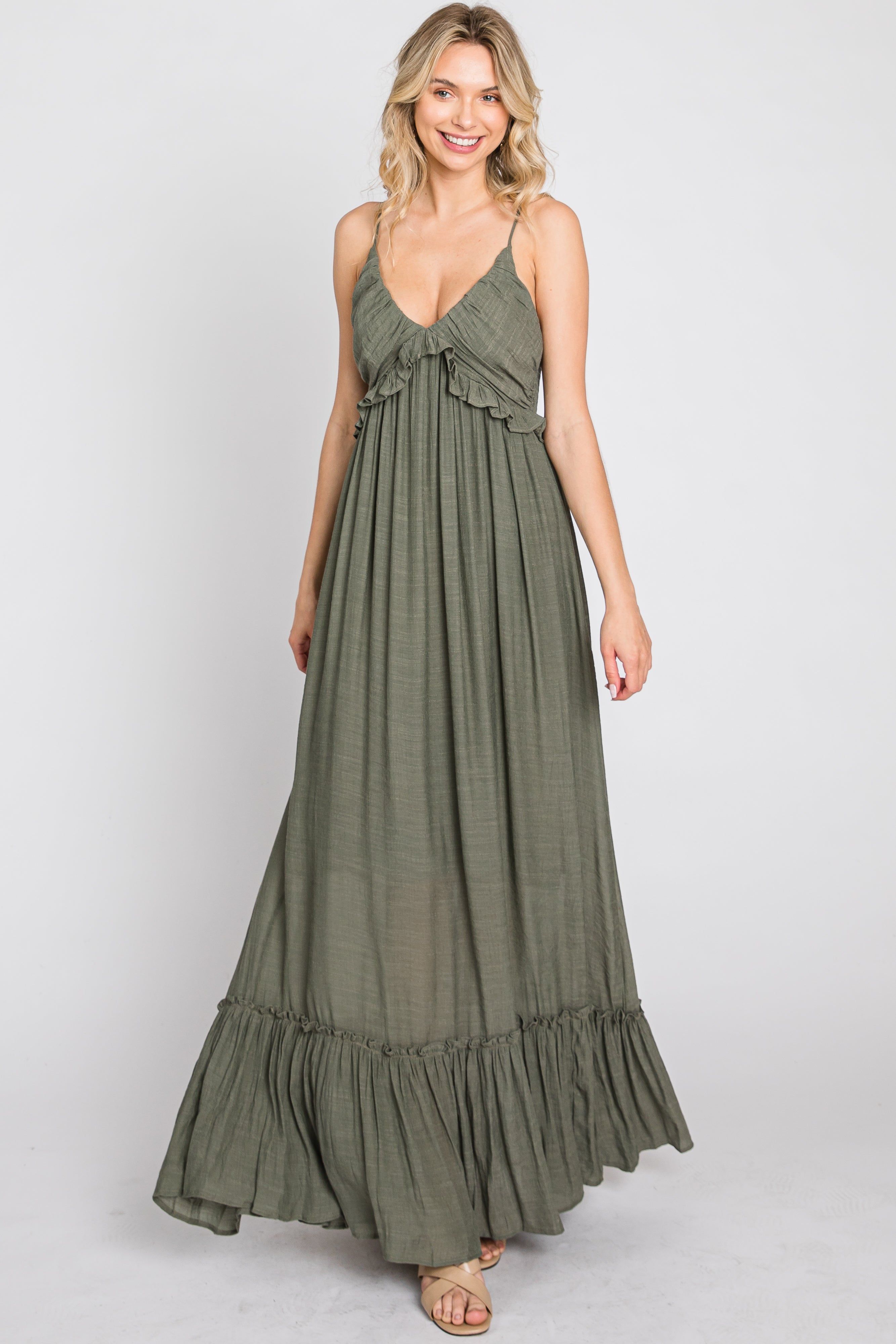 Olive Sleeveless Ruffle V-Neck Maxi Dress sold by Pinkblush product image thumbnail 3