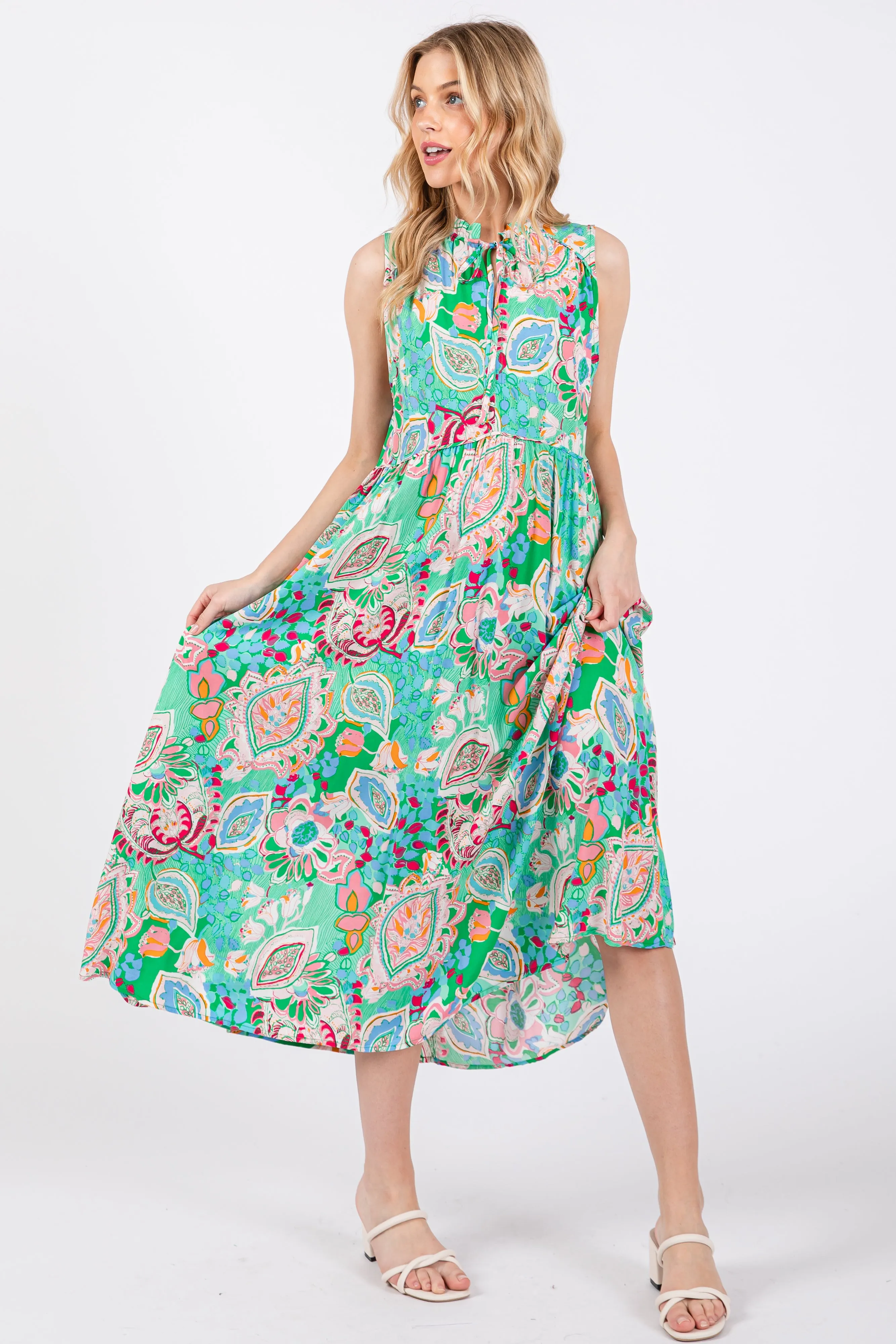Emerald Green Floral Paisley Mock Neck Midi Dress sold by Pinkblush