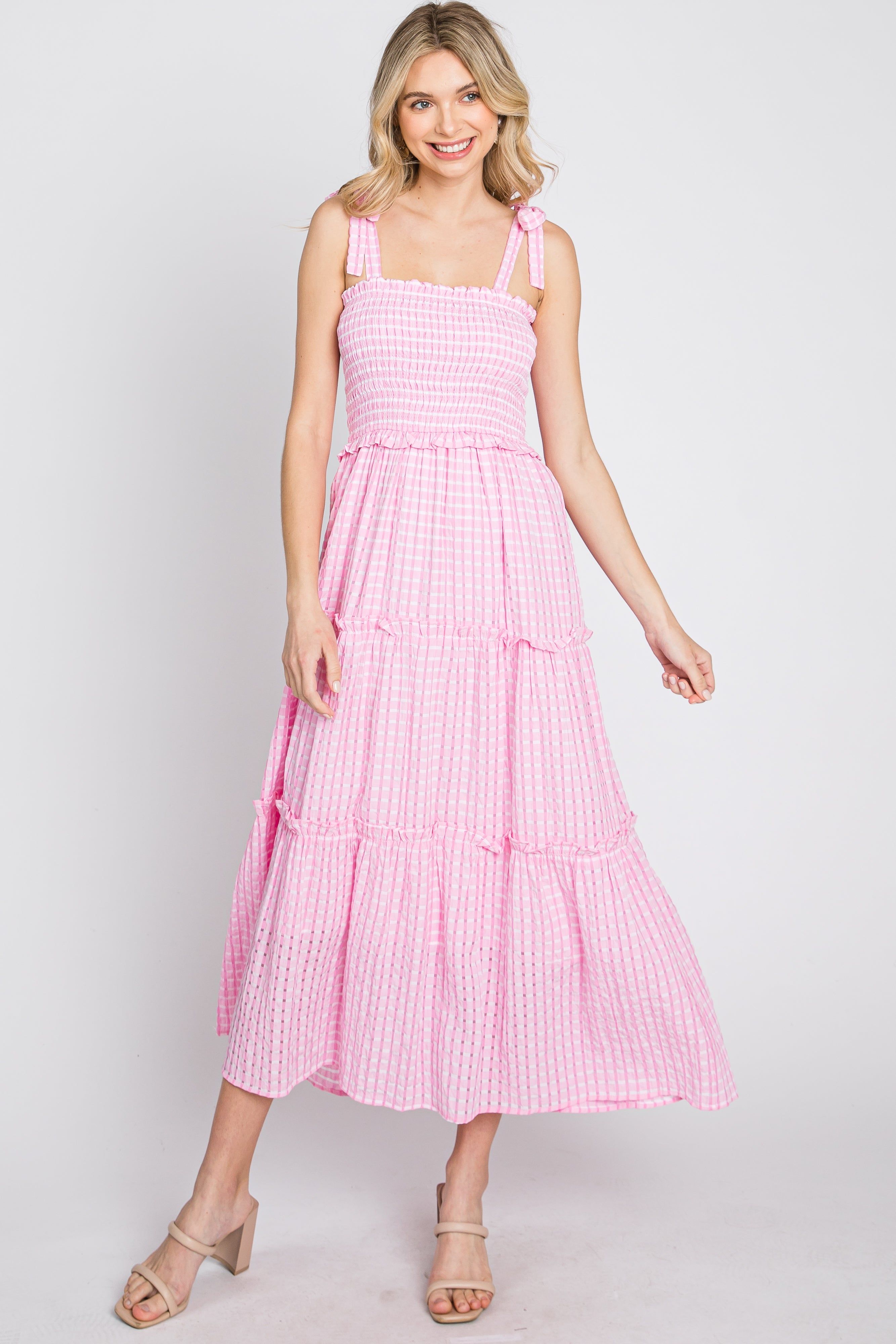 Pink Striped Smocked Shoulder Tie Maternity Midi Dress sold by Pinkblush product image thumbnail 5