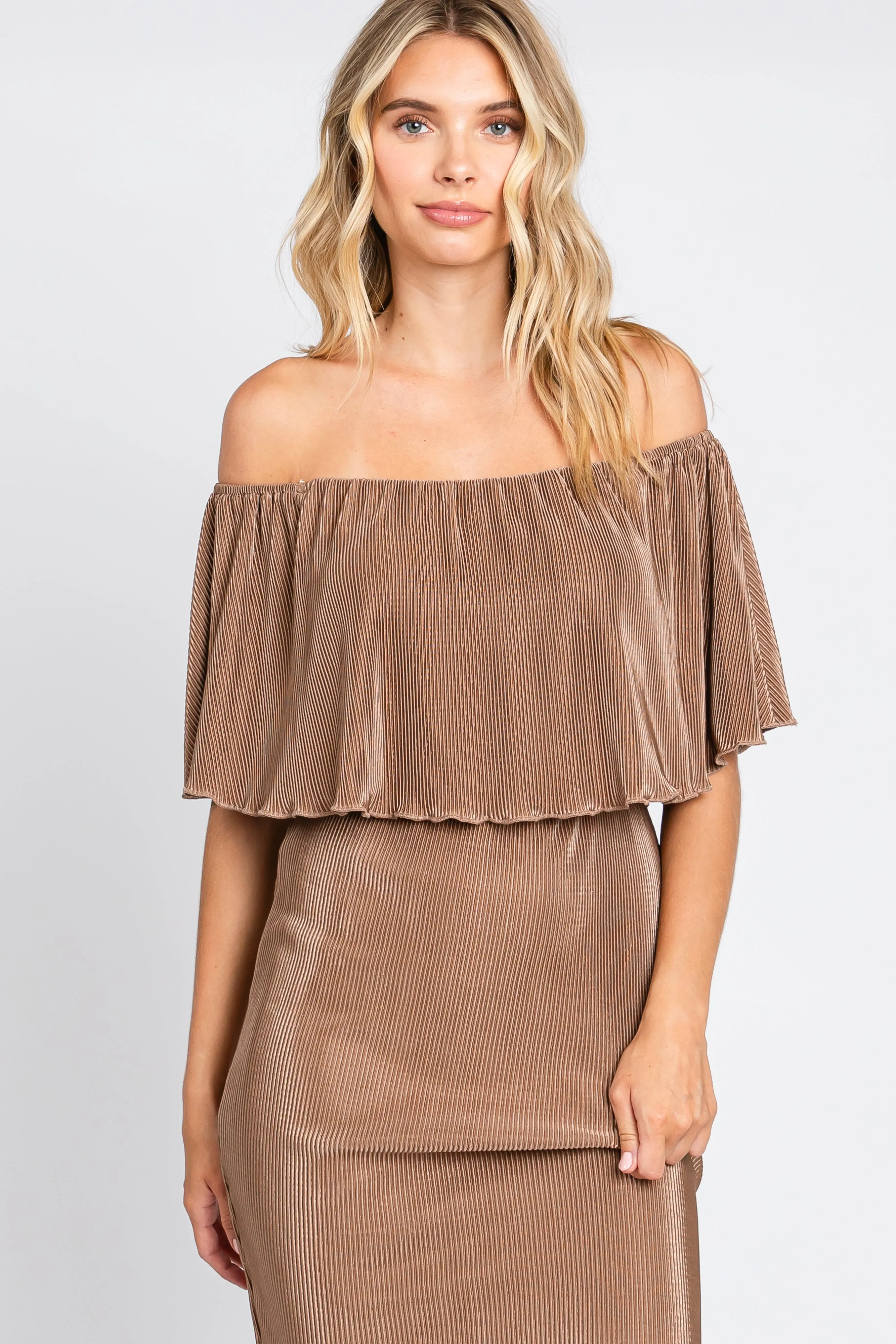 Mocha Pleated Rib Off Shoulder Dress sold by Pinkblush product image thumbnail 4