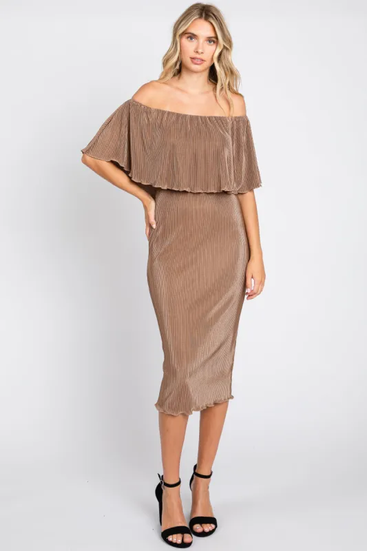 Mocha Pleated Rib Off Shoulder Dress sold by Pinkblush