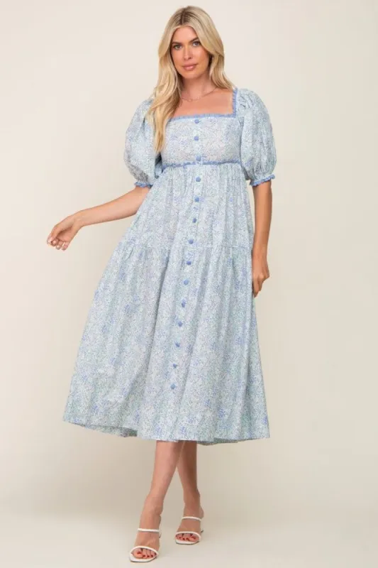 Light Blue Floral Front Button Scallop Accent Midi Dress sold by Pinkblush