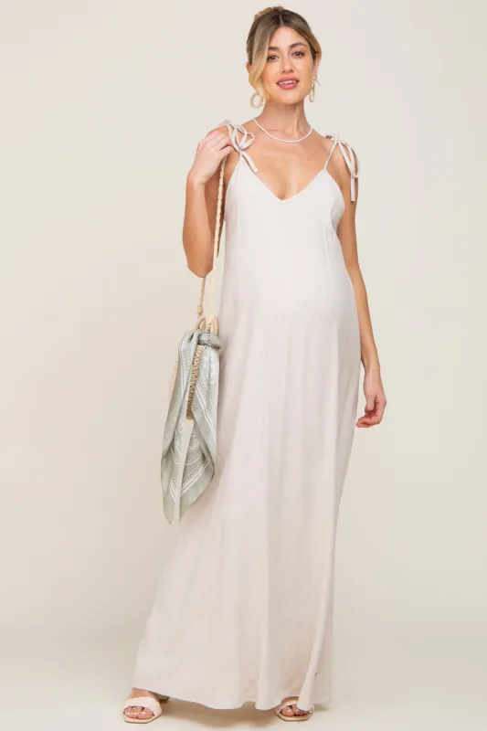 Beige Linen V-Neck Tie Strap Maternity Maxi Dress sold by Pinkblush