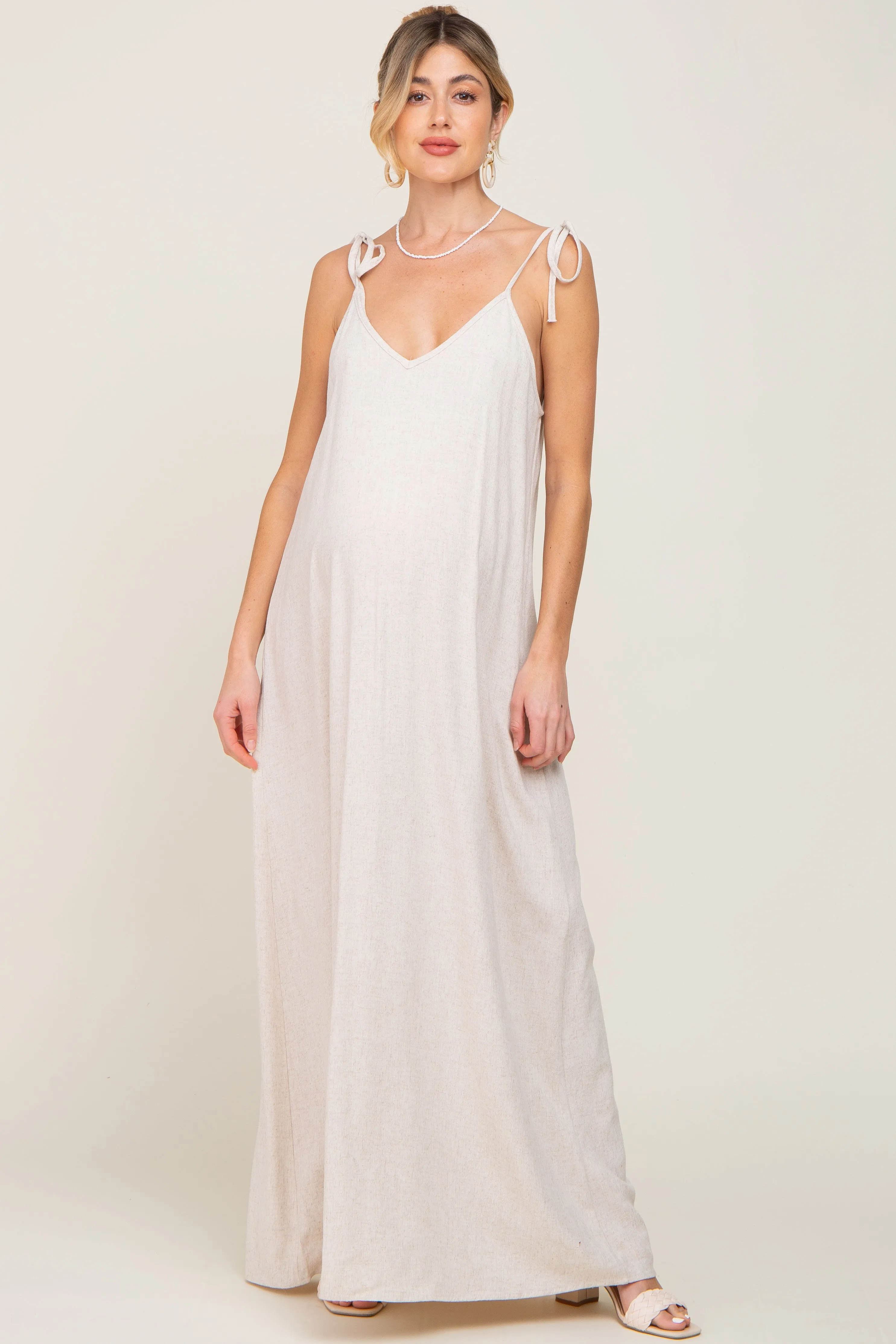 Beige Linen V-Neck Tie Strap Maternity Maxi Dress sold by Pinkblush product image thumbnail 5