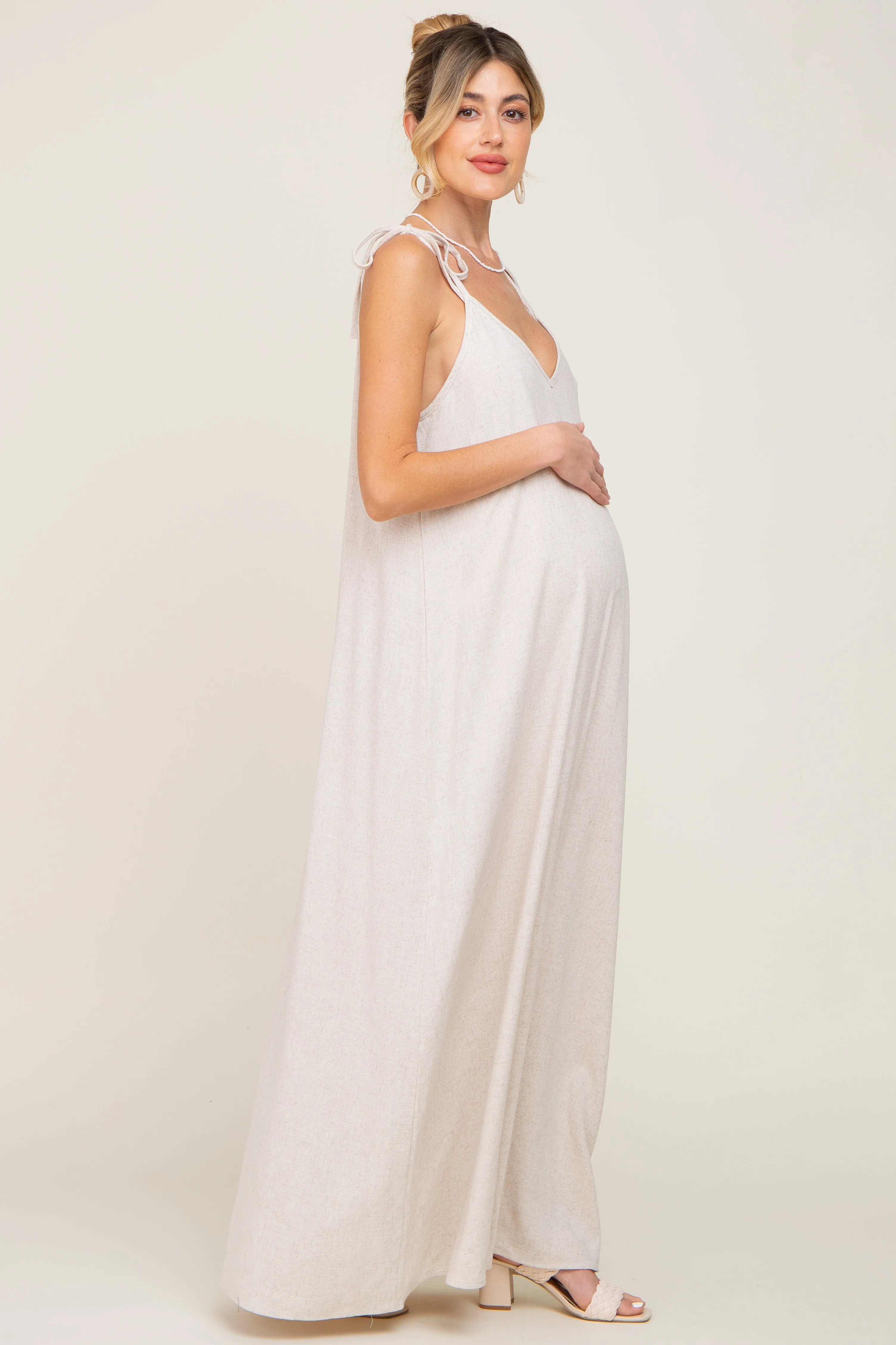 Beige Linen V-Neck Tie Strap Maternity Maxi Dress sold by Pinkblush product image thumbnail 2