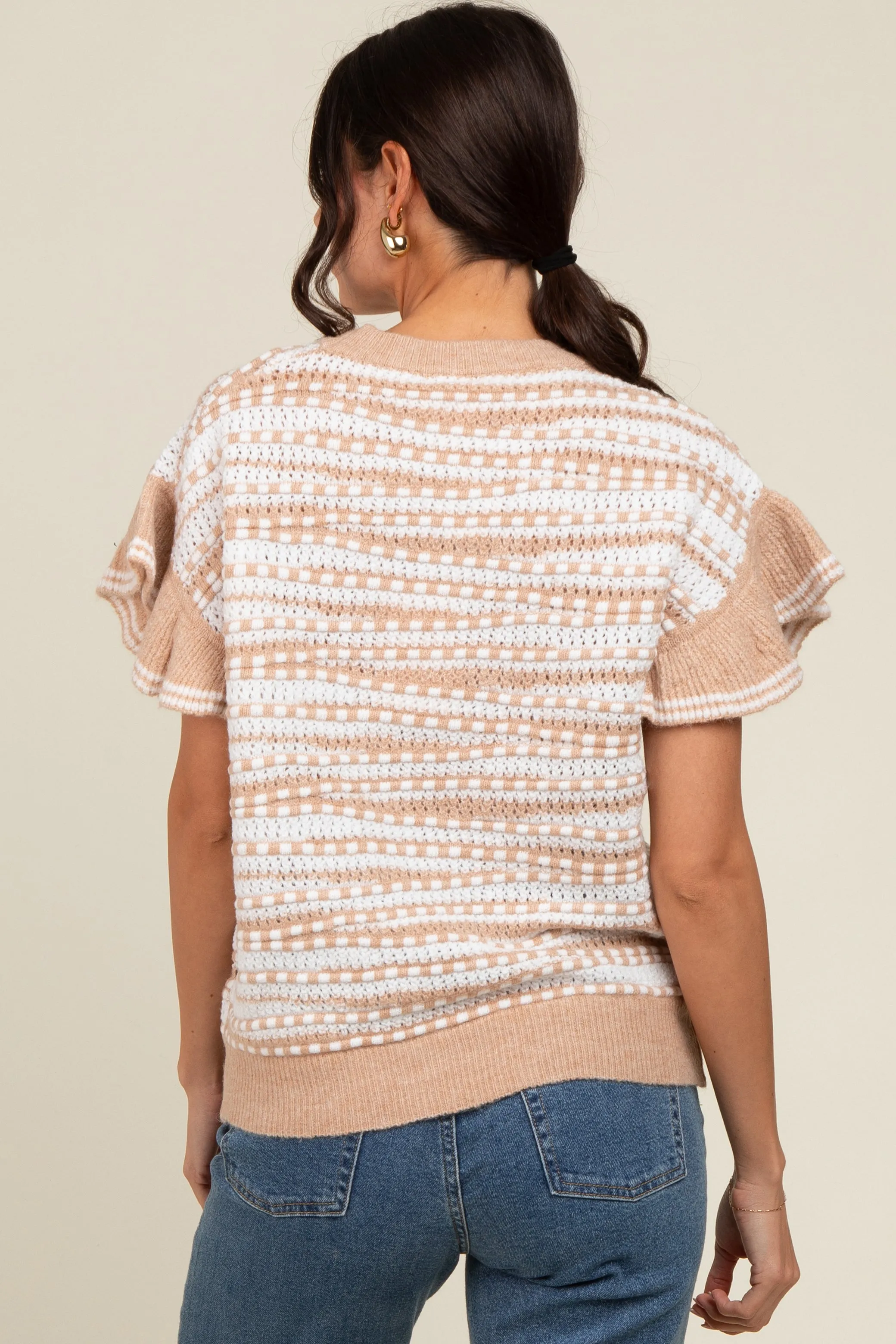 Beige Textured Stripe Ruffle Short Sleeve Sweater sold by Pinkblush product image thumbnail 4