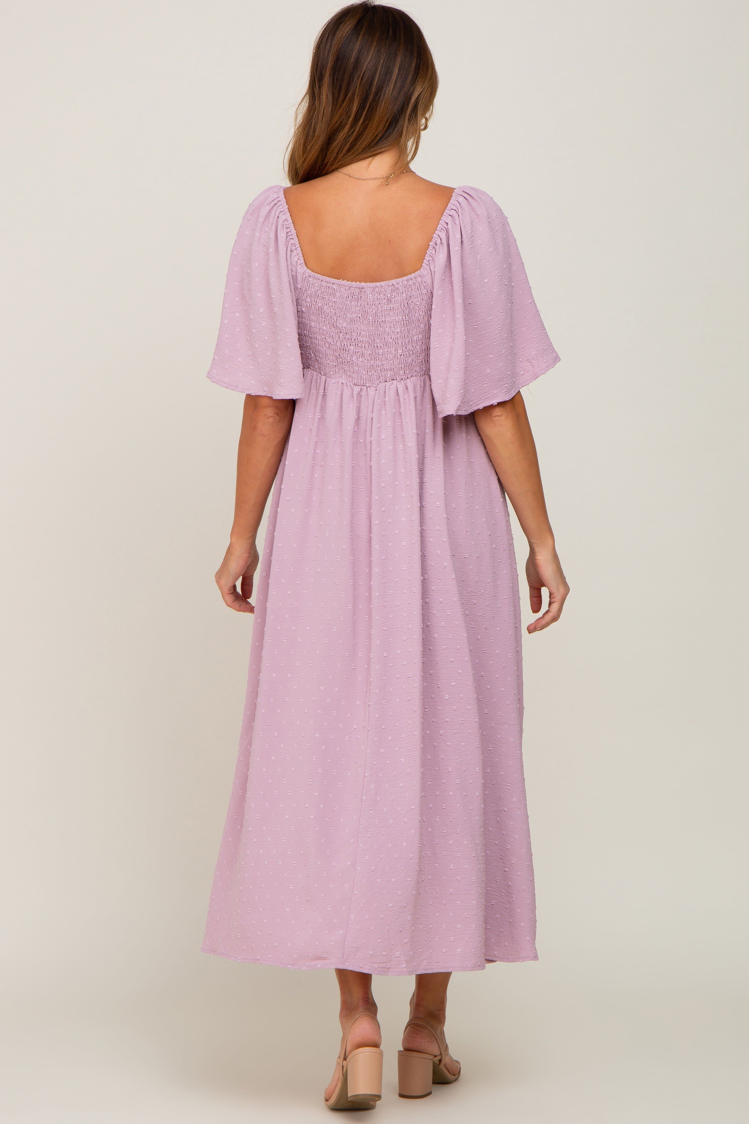 Pink Textured Dot Front Tie Ruffle Sleeve Midi Dress sold by Pinkblush product image thumbnail 3