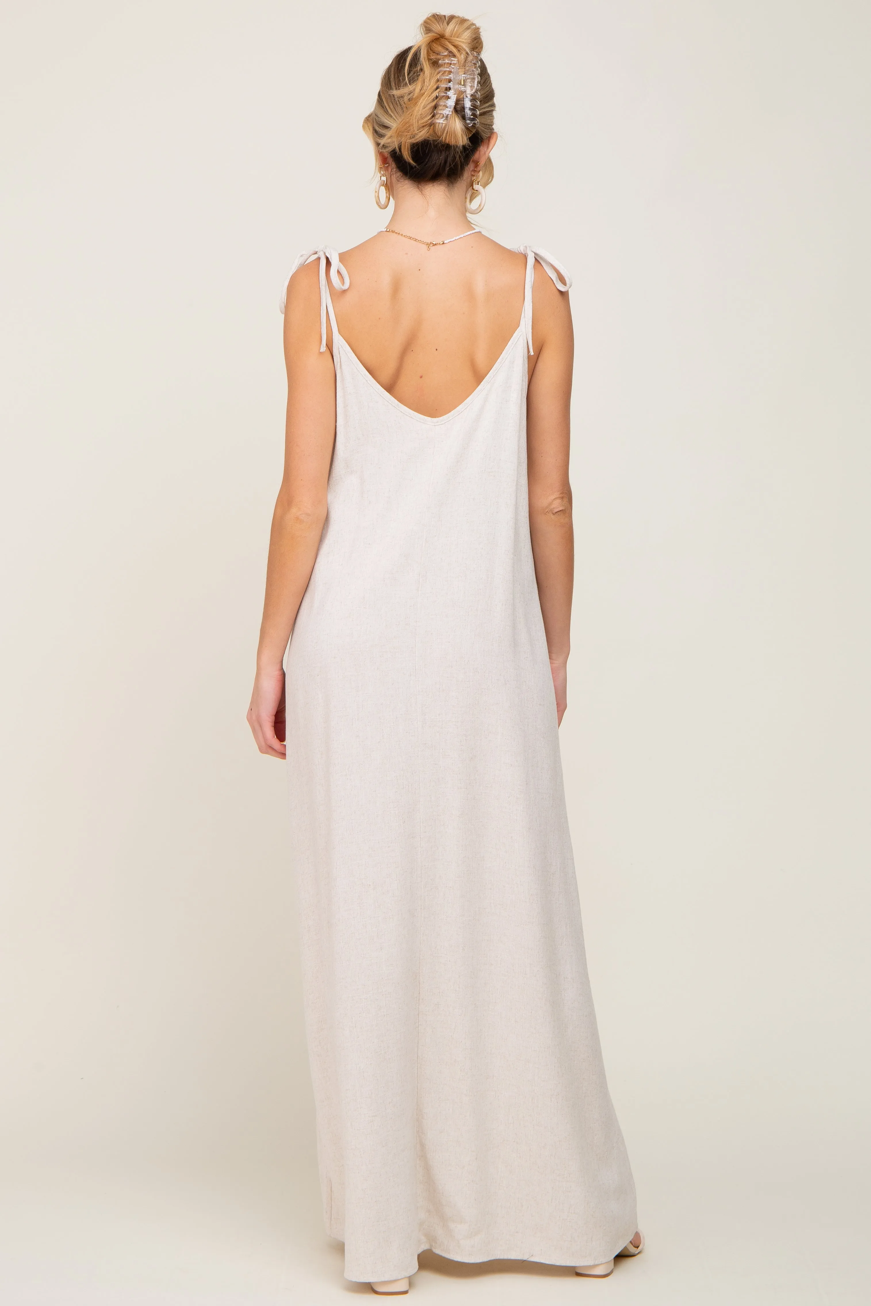 Beige Linen V-Neck Tie Strap Maternity Maxi Dress sold by Pinkblush product image thumbnail 3