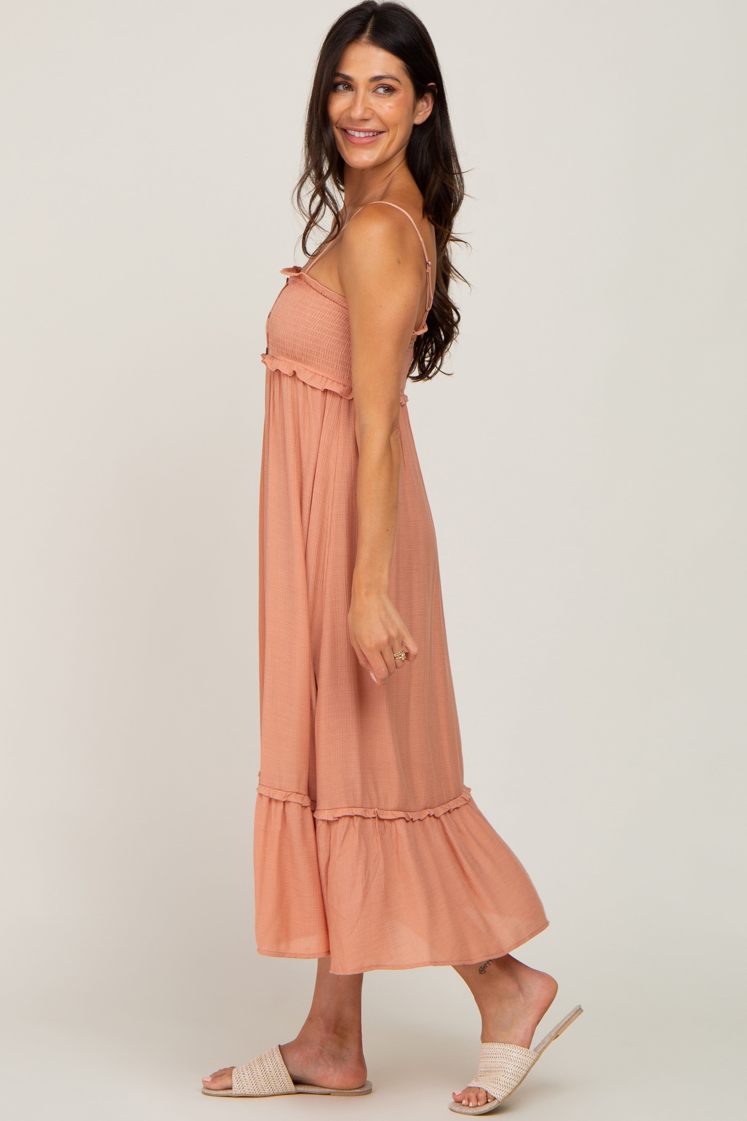 Peach Smocked Button Accent Midi Dress sold by Pinkblush product image thumbnail 2