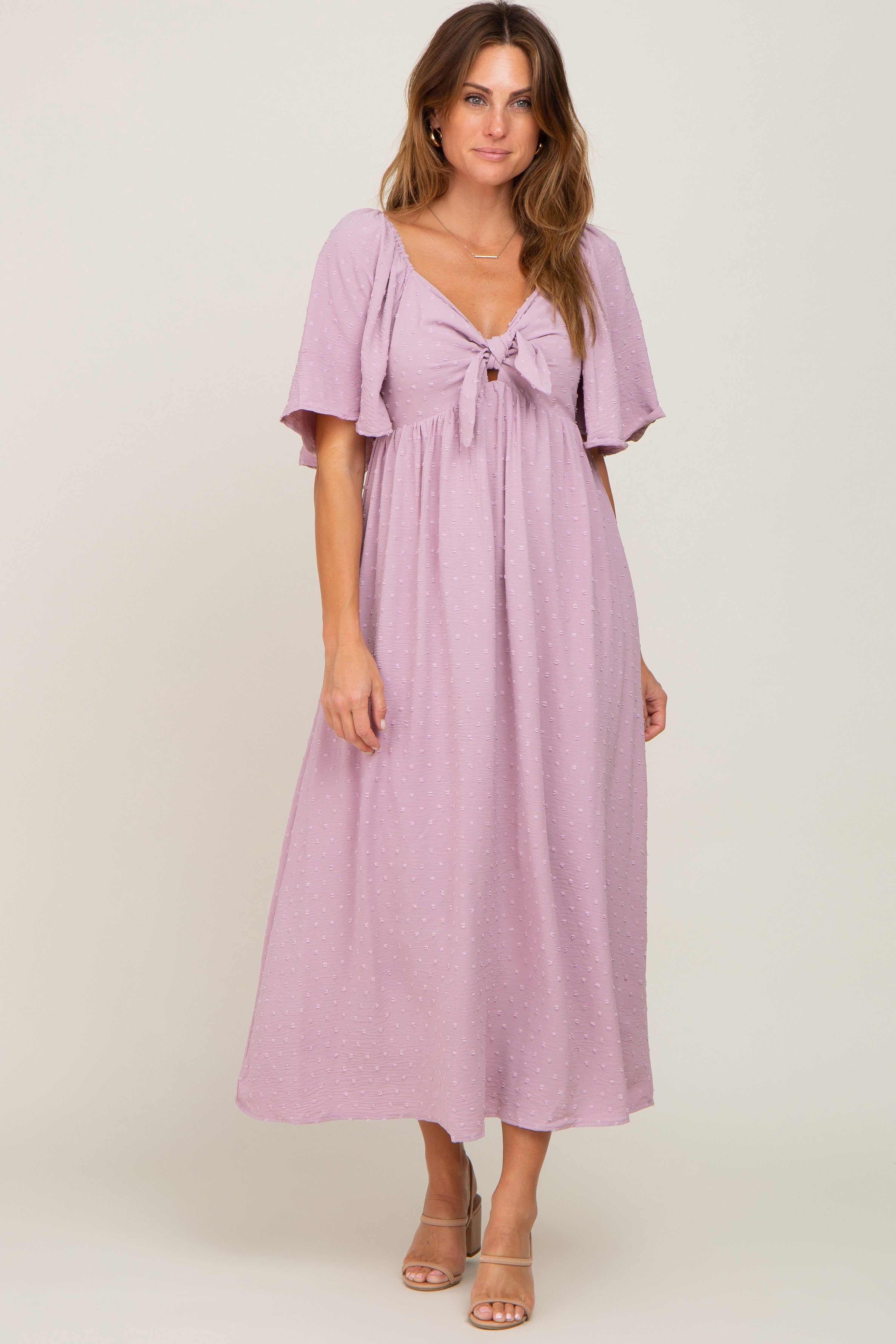 Pink Textured Dot Front Tie Ruffle Sleeve Midi Dress sold by Pinkblush product image thumbnail 4