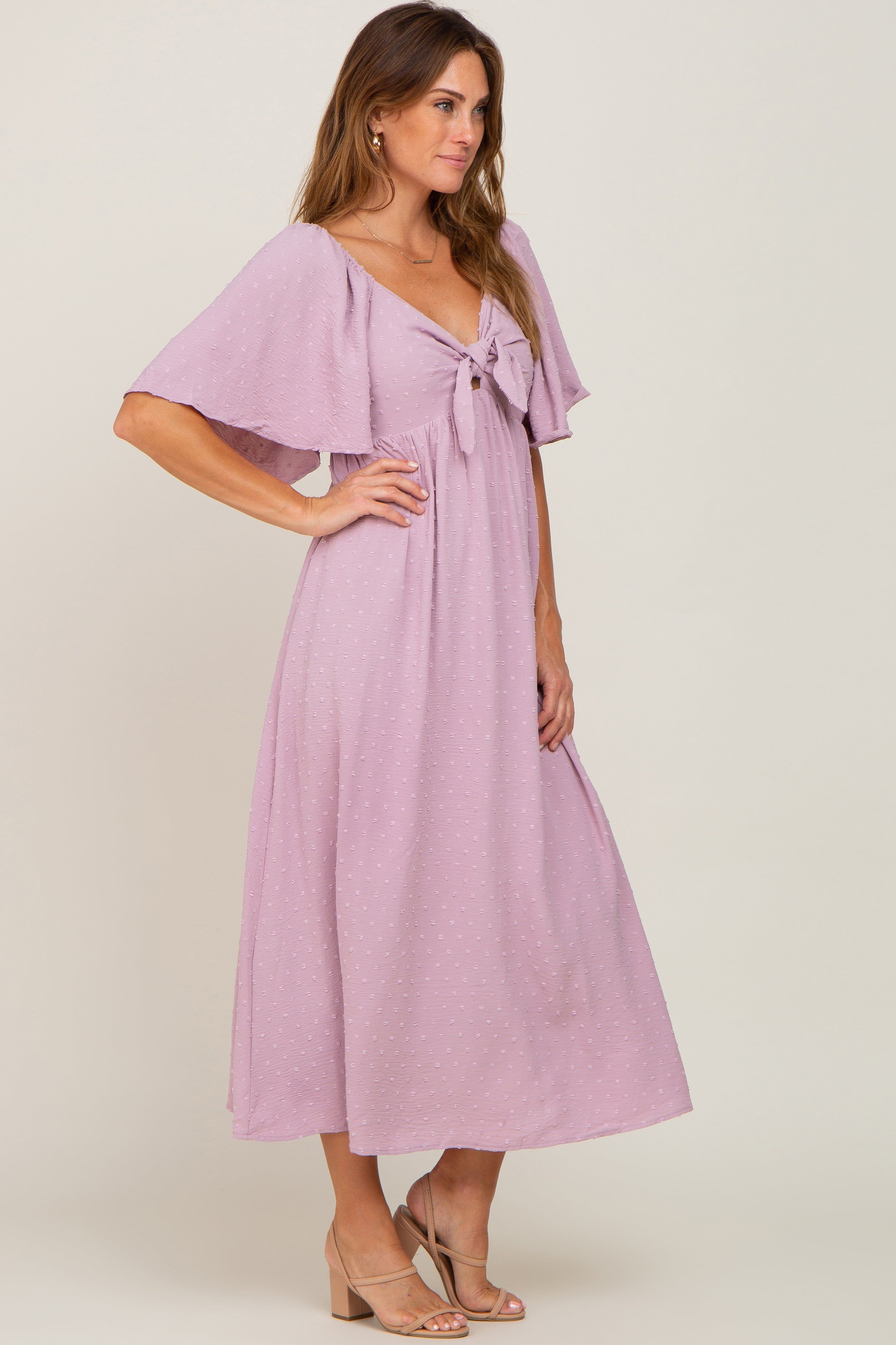 Pink Textured Dot Front Tie Ruffle Sleeve Midi Dress sold by Pinkblush product image thumbnail 2