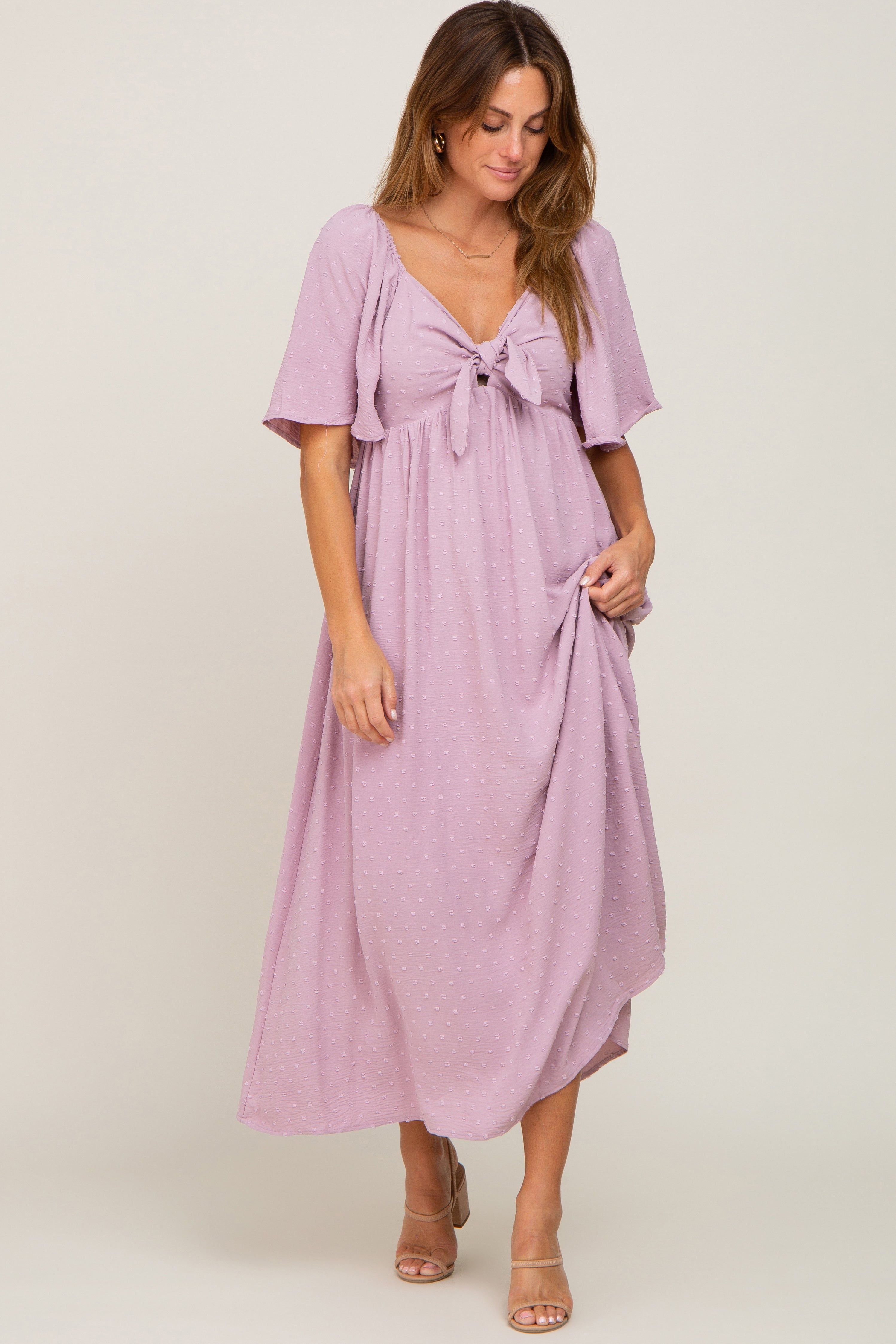 Pink Textured Dot Front Tie Ruffle Sleeve Midi Dress sold by Pinkblush