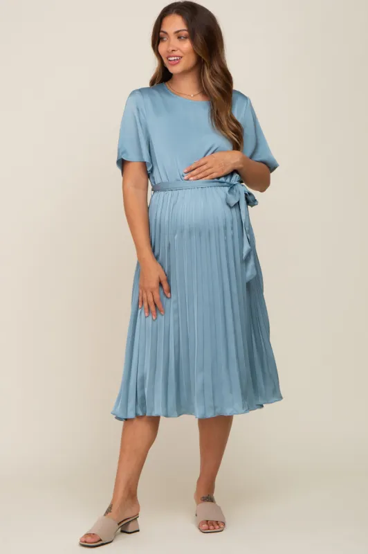 Blue Satin Pleated Maternity Midi Dress sold by Pinkblush