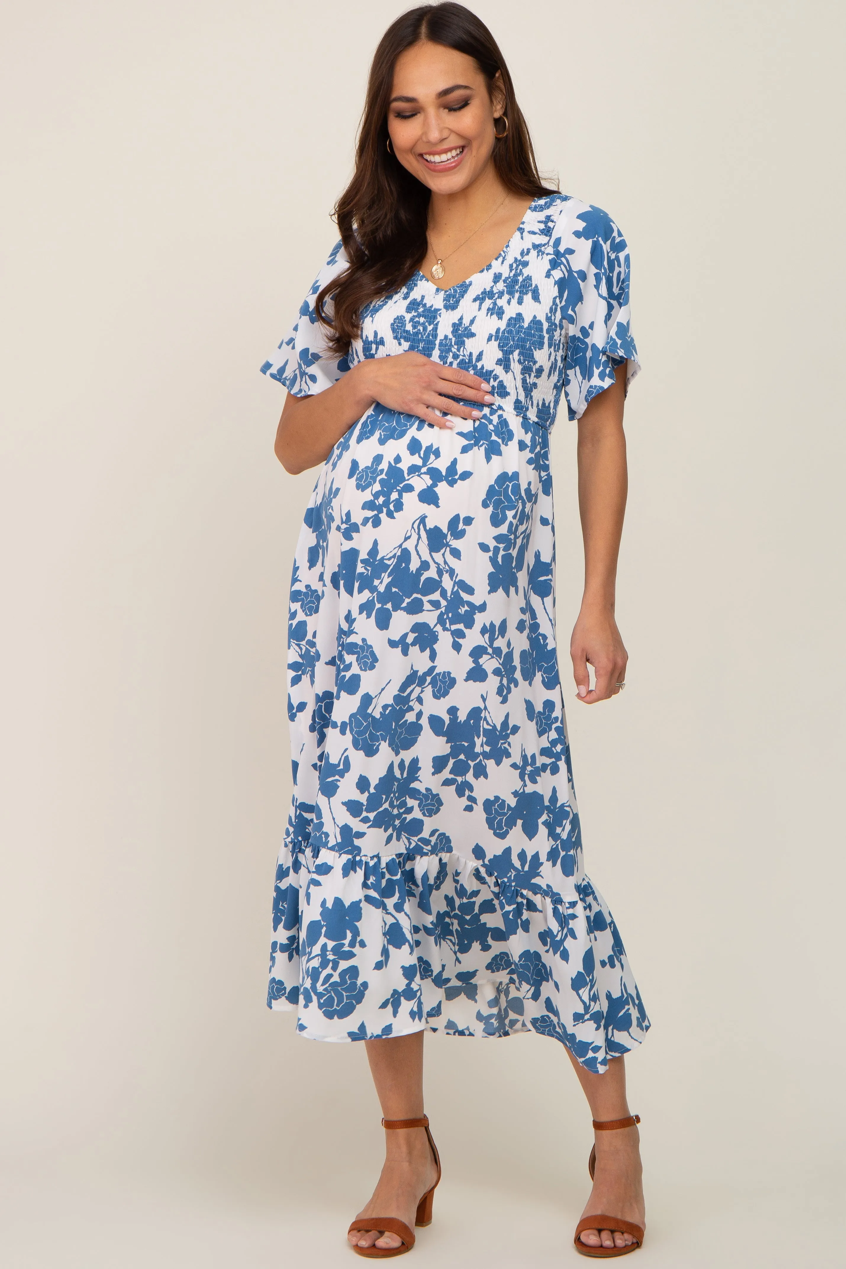 Blue Floral Smocked Maternity Midi Dress sold by Pinkblush product image thumbnail 5
