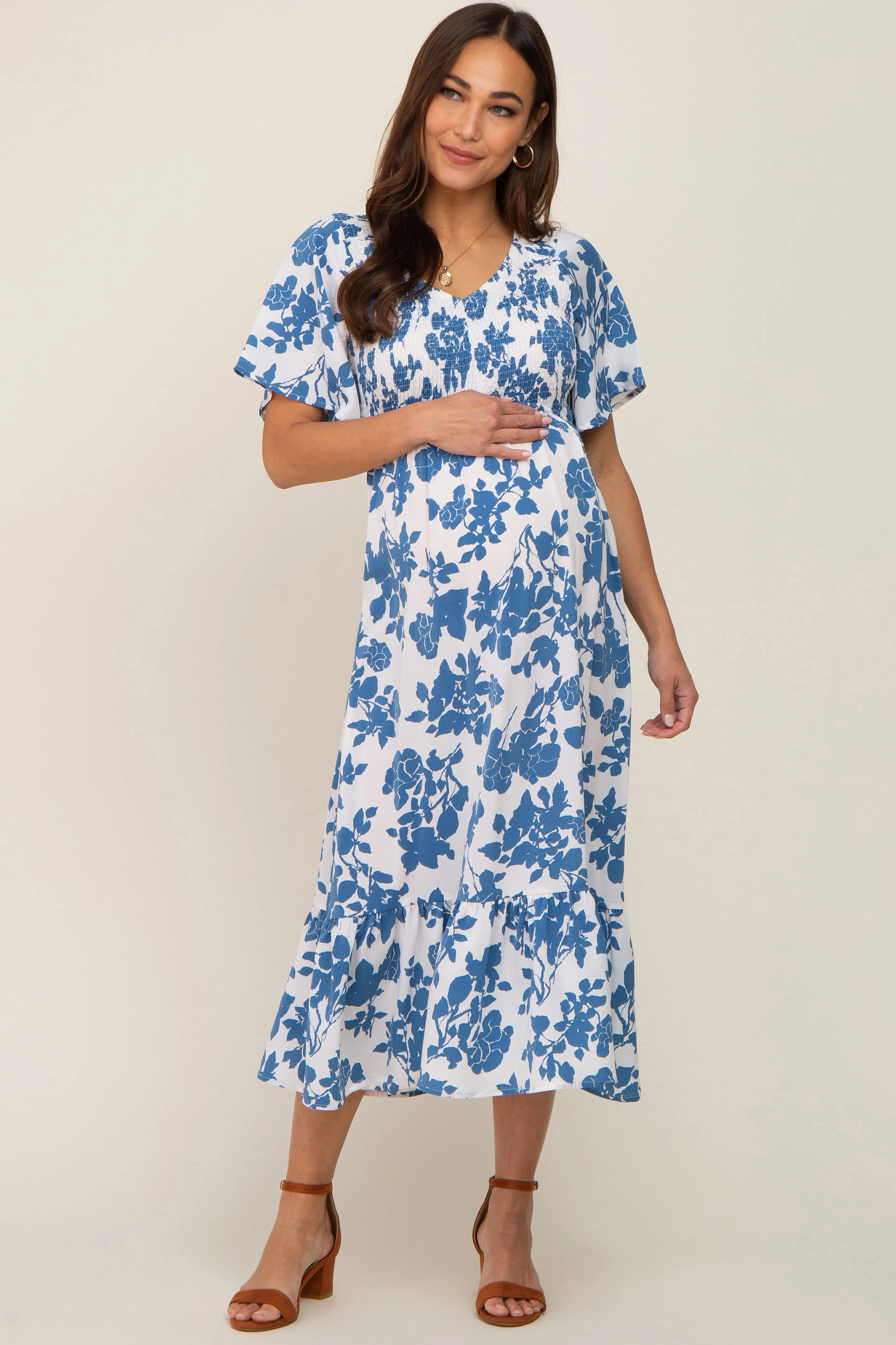 Blue Floral Smocked Maternity Midi Dress sold by Pinkblush product image thumbnail 2