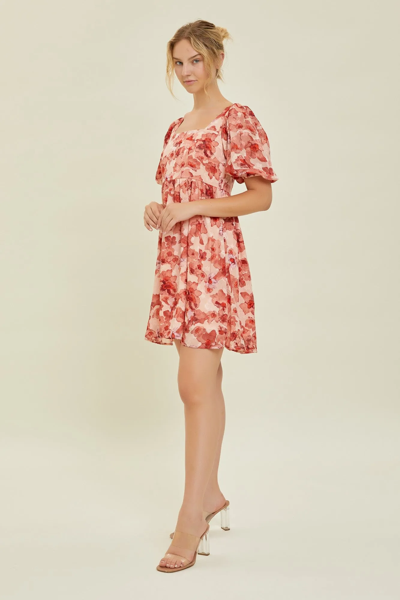 Peach Floral Square Neck Puff Short Sleeve Dress sold by Pinkblush product image thumbnail 2