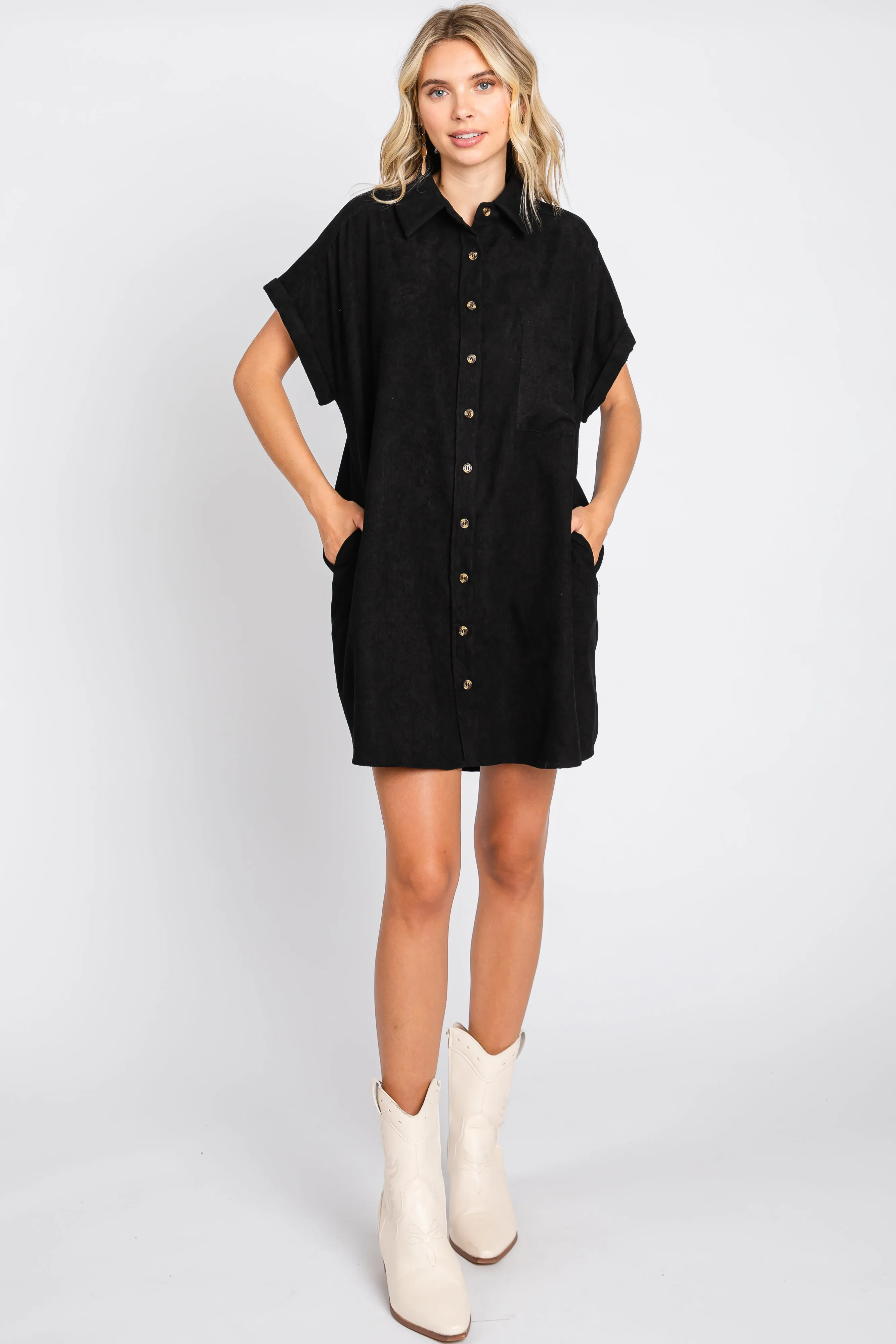 Black Ribbed Button Down Maternity Mini Dress sold by Pinkblush product image thumbnail 5