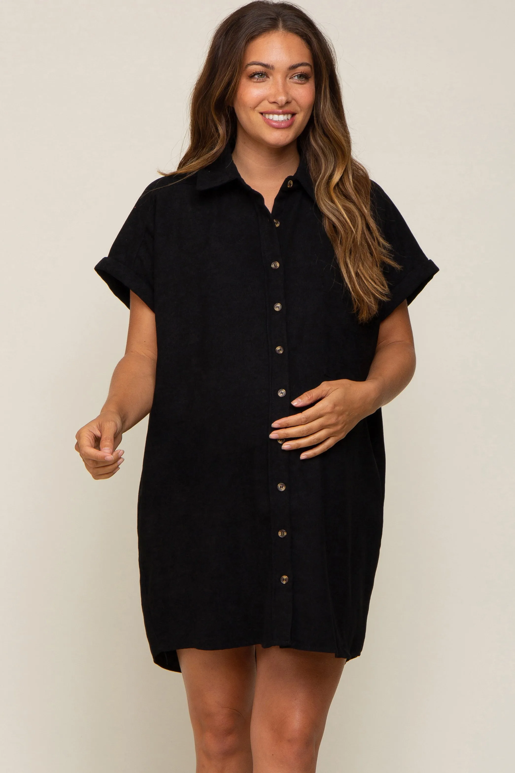 Black Ribbed Button Down Maternity Mini Dress sold by Pinkblush product image thumbnail 2