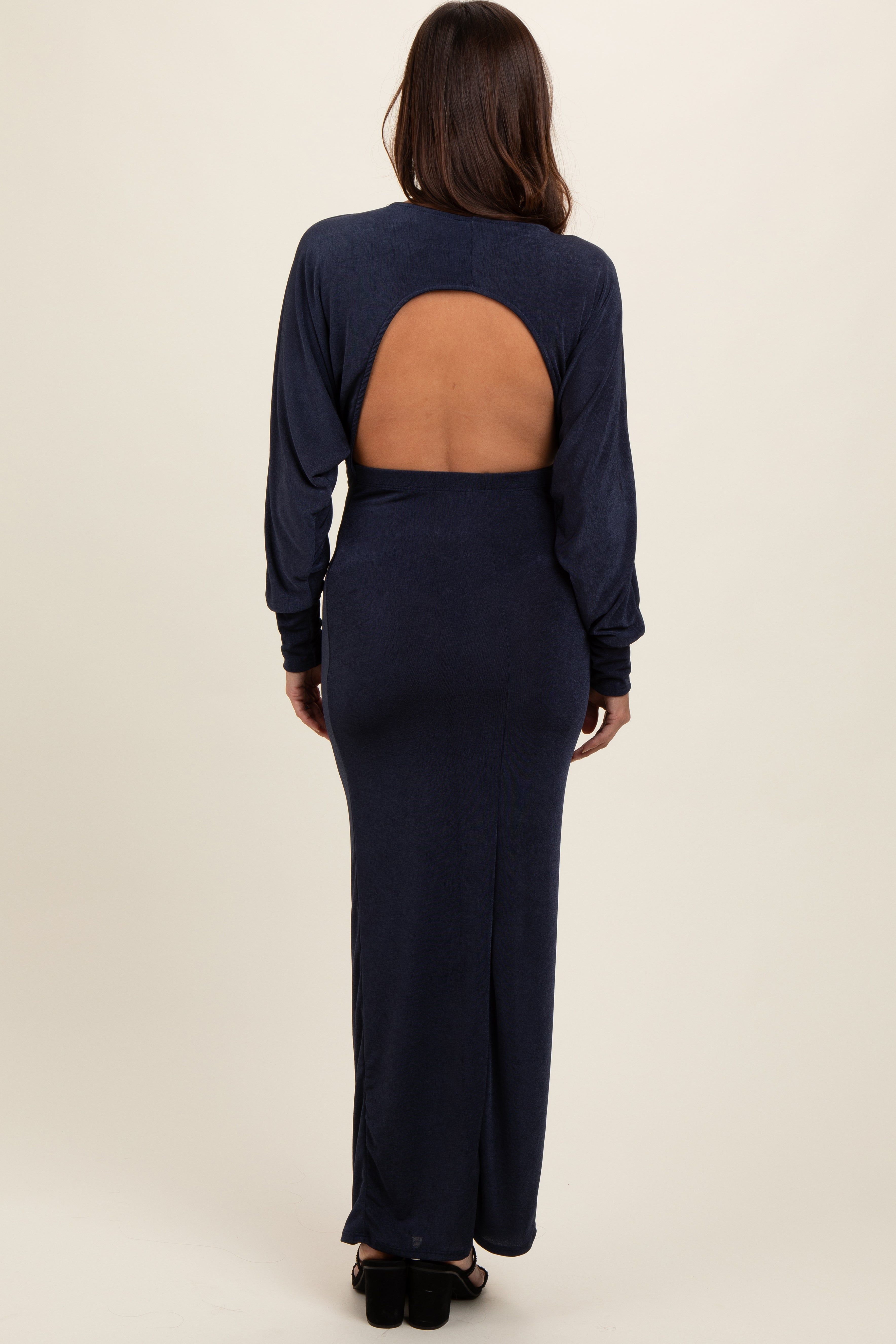 Navy Blue Long Sleeve Open Back Maternity Maxi Dress sold by Pinkblush product image thumbnail 3