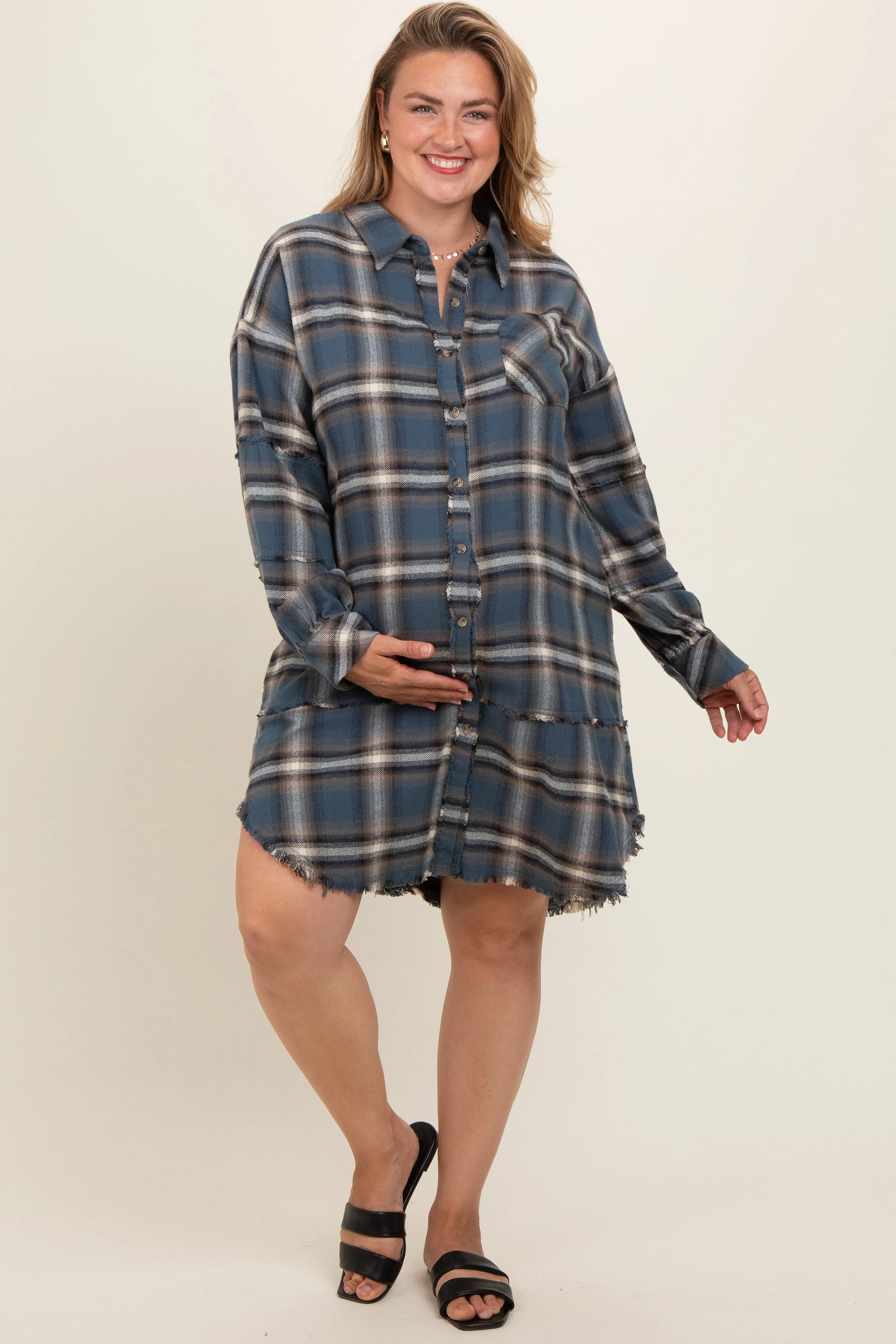 Blue Plaid Button Down Raw Hem Plus Maternity Dress sold by Pinkblush