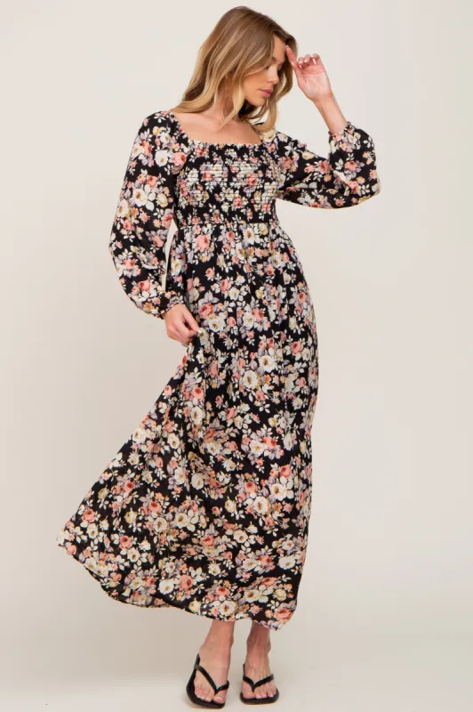 Black Floral Smocked Midi Dress sold by Pinkblush