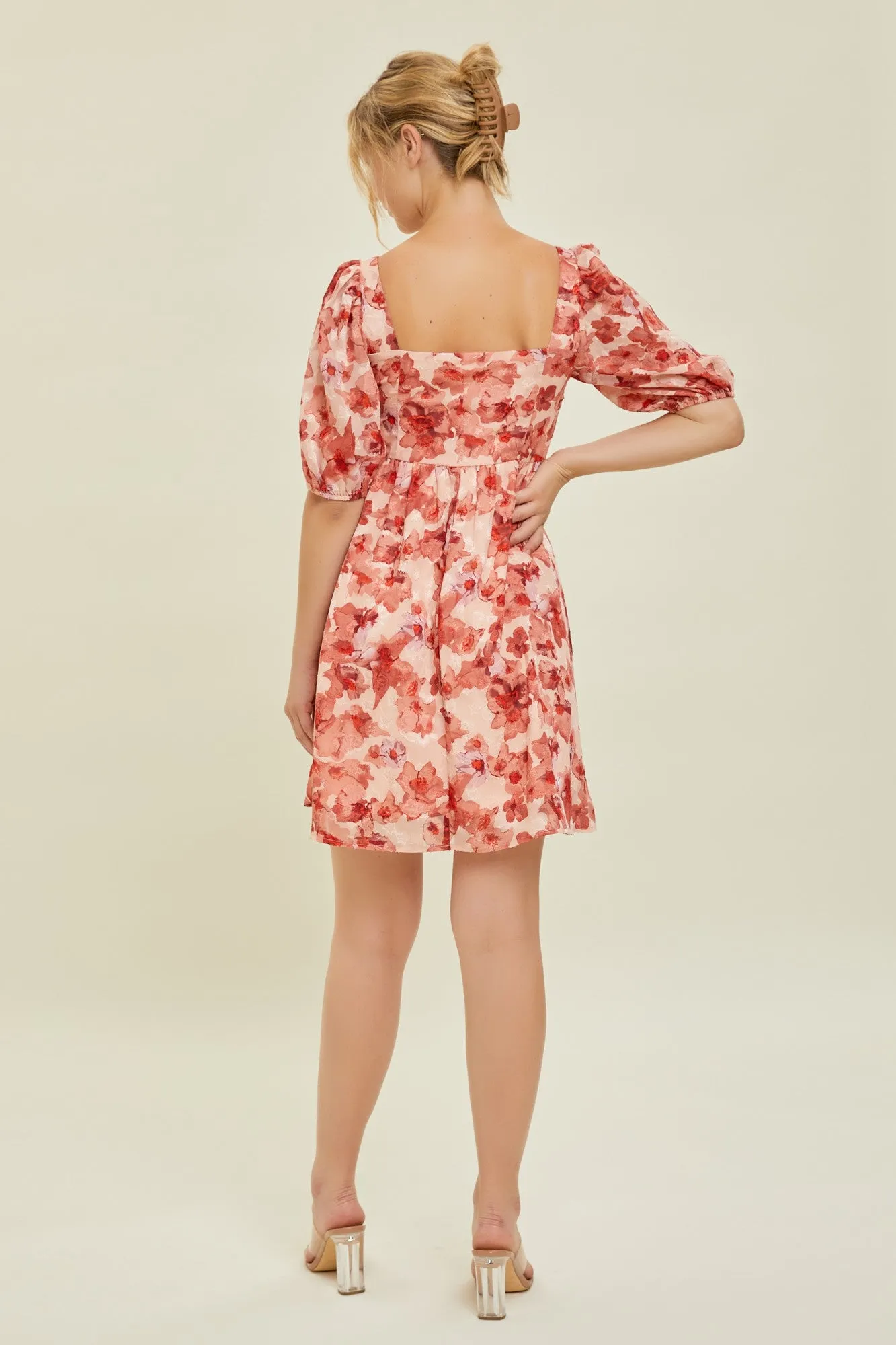 Peach Floral Square Neck Puff Short Sleeve Dress sold by Pinkblush product image thumbnail 3