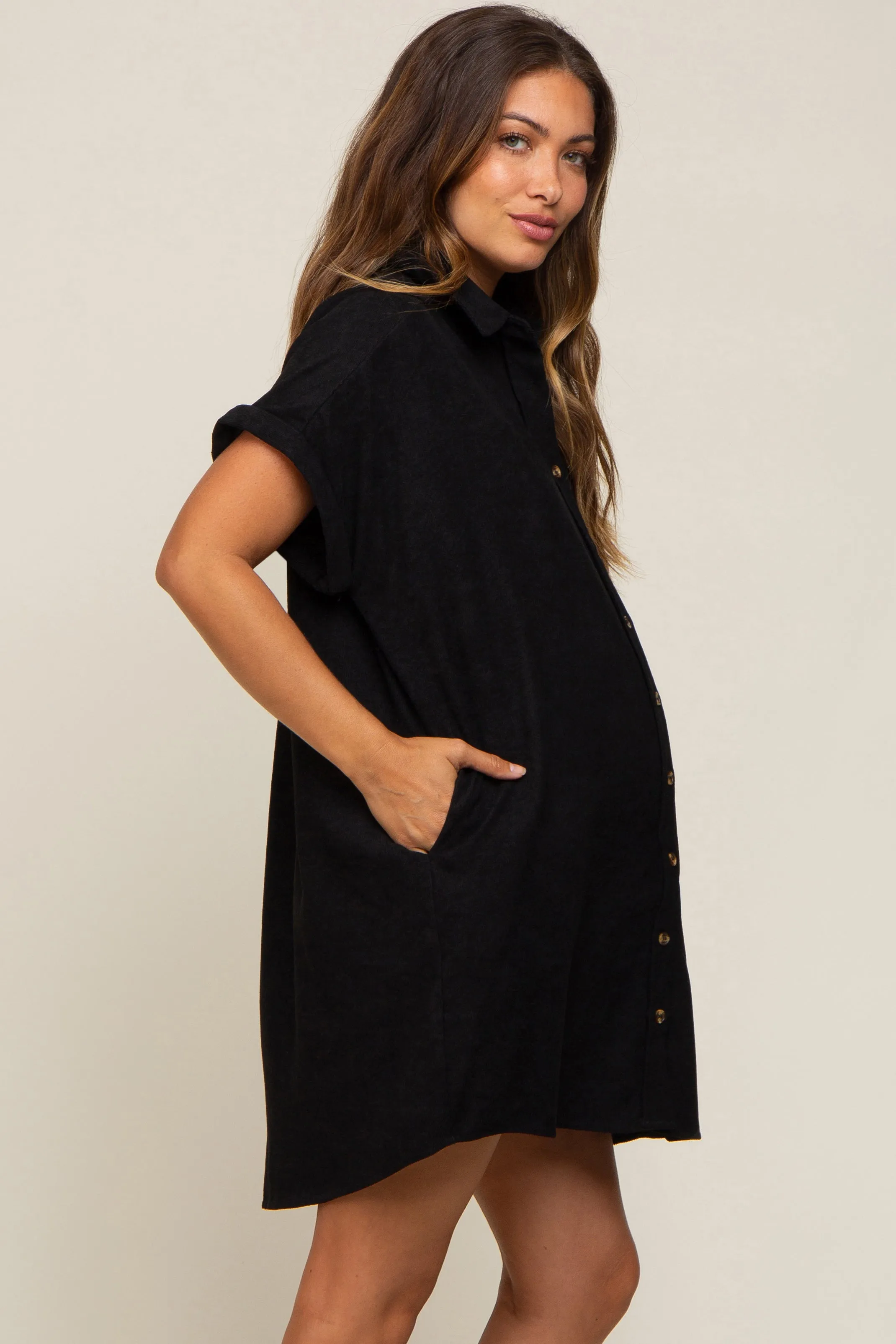 Black Ribbed Button Down Maternity Mini Dress sold by Pinkblush product image thumbnail 3