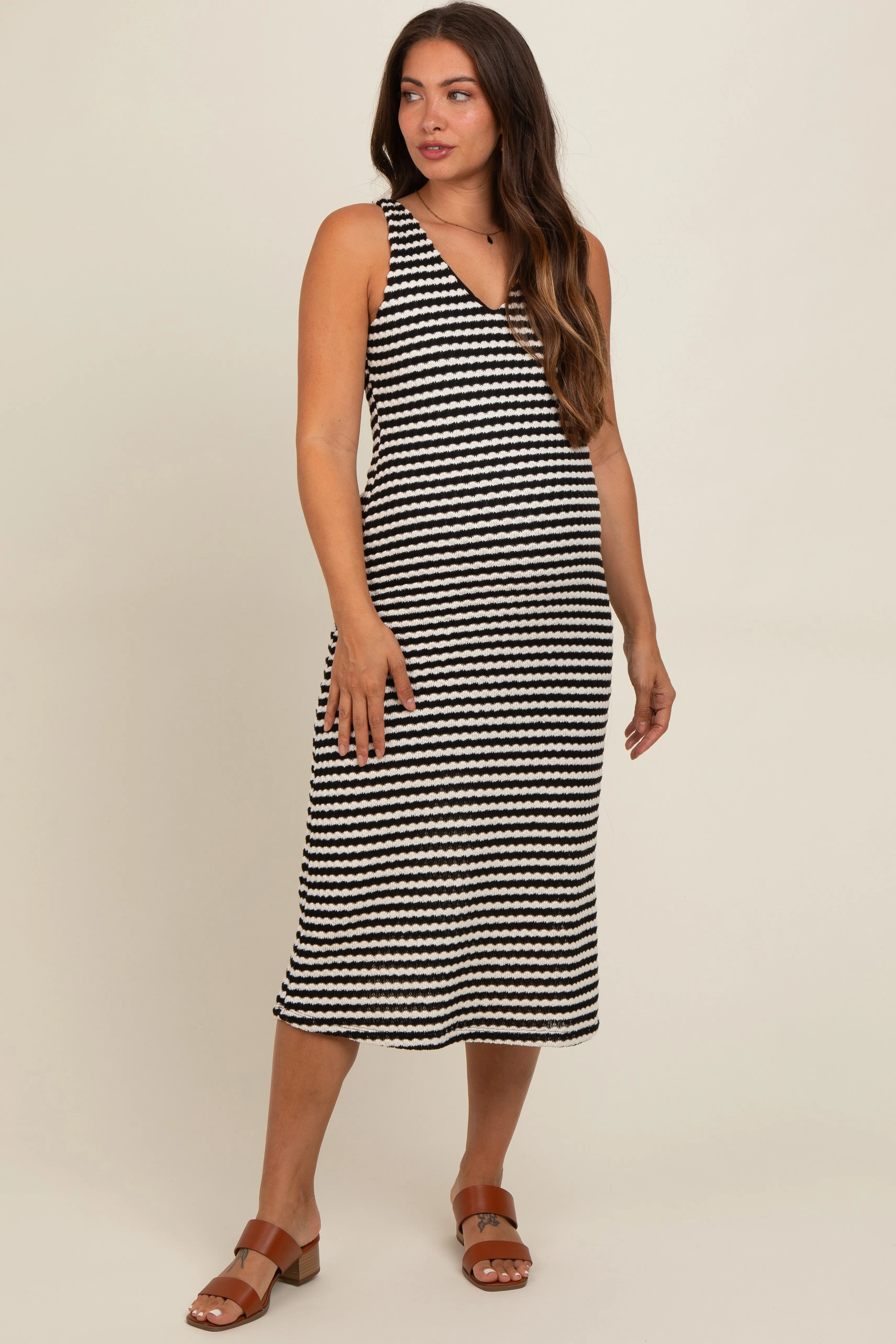 Black Striped V-Neck Maternity Midi Dress sold by Pinkblush