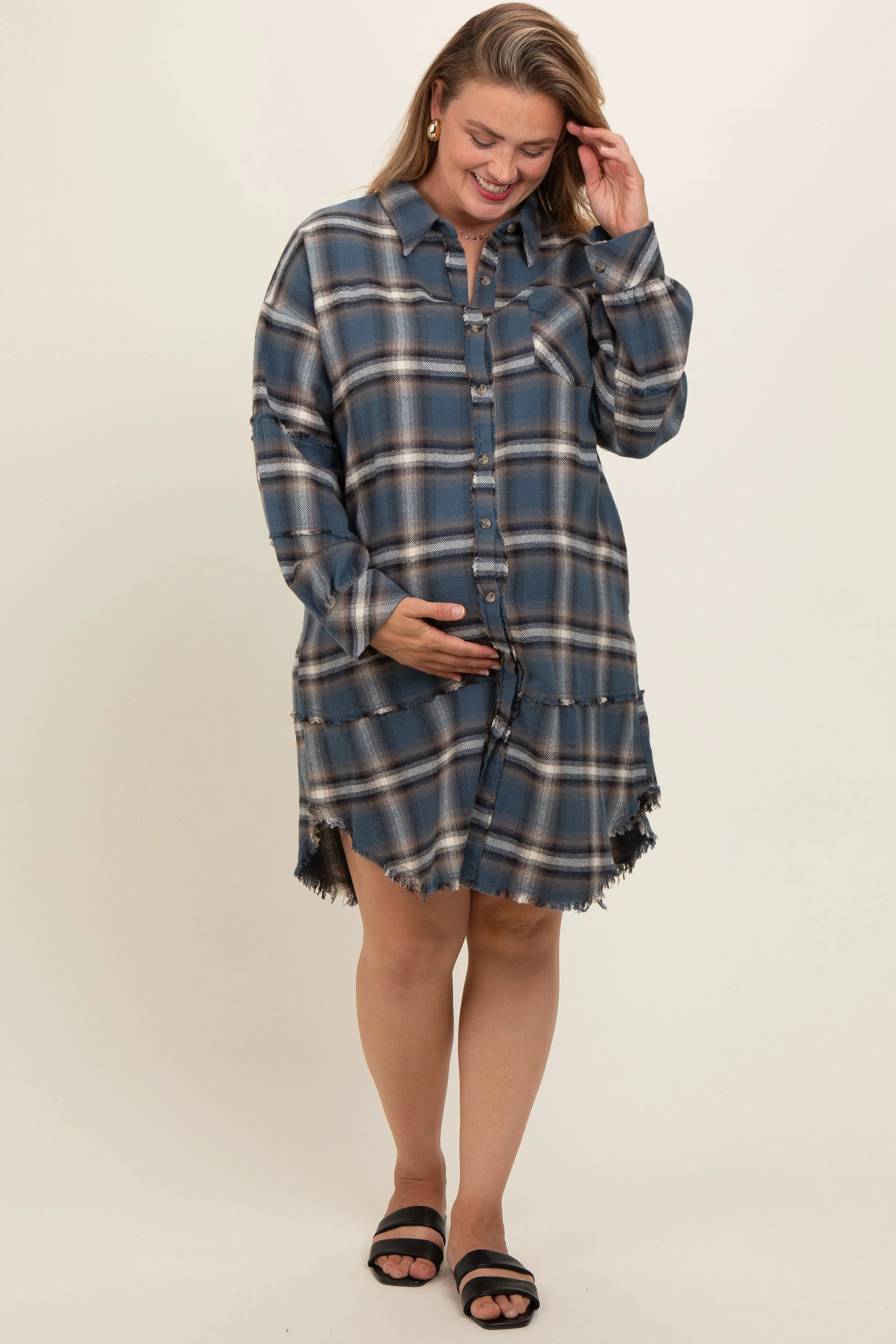 Blue Plaid Button Down Raw Hem Plus Maternity Dress sold by Pinkblush product image thumbnail 2