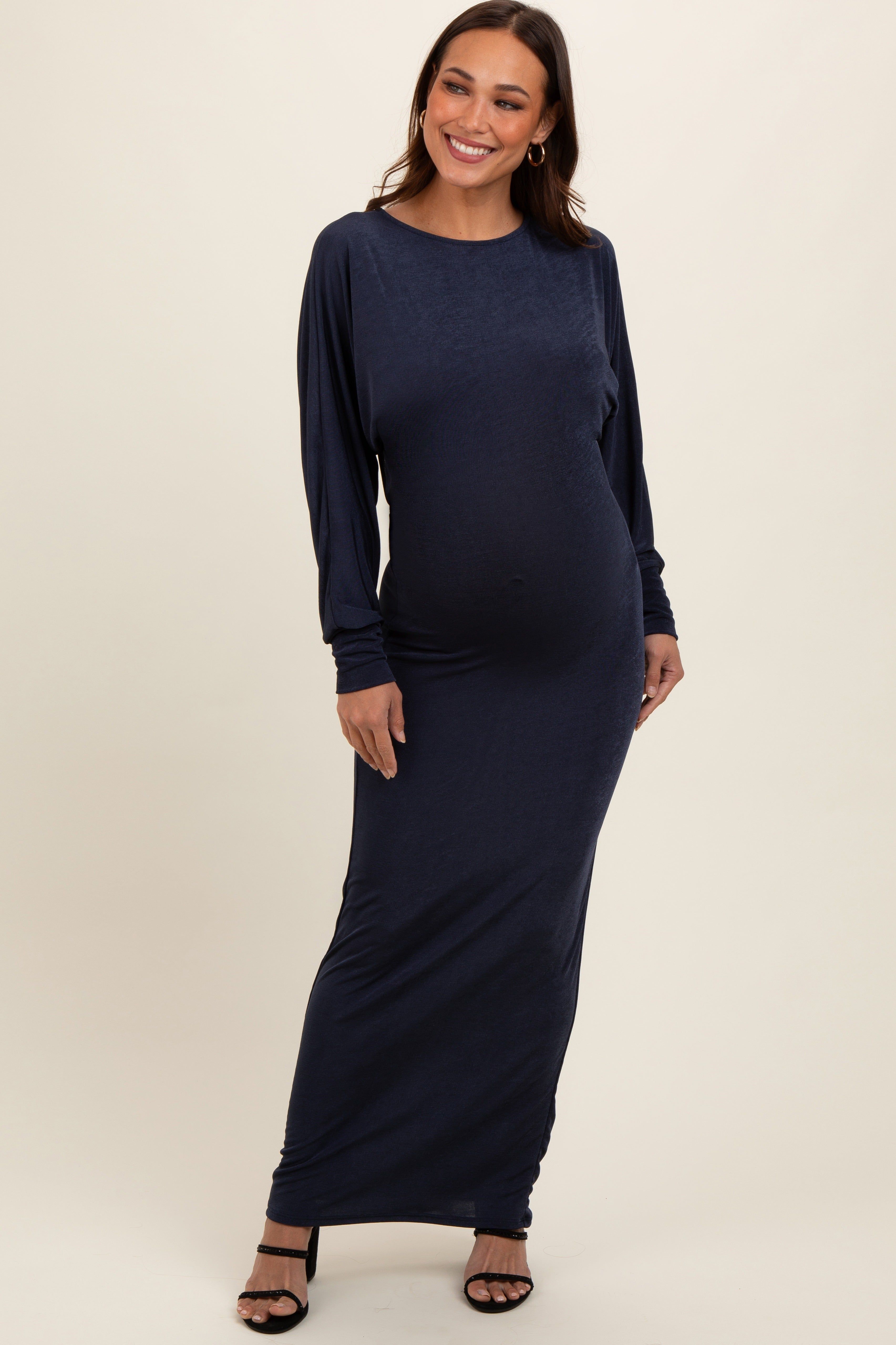 Navy Blue Long Sleeve Open Back Maternity Maxi Dress sold by Pinkblush