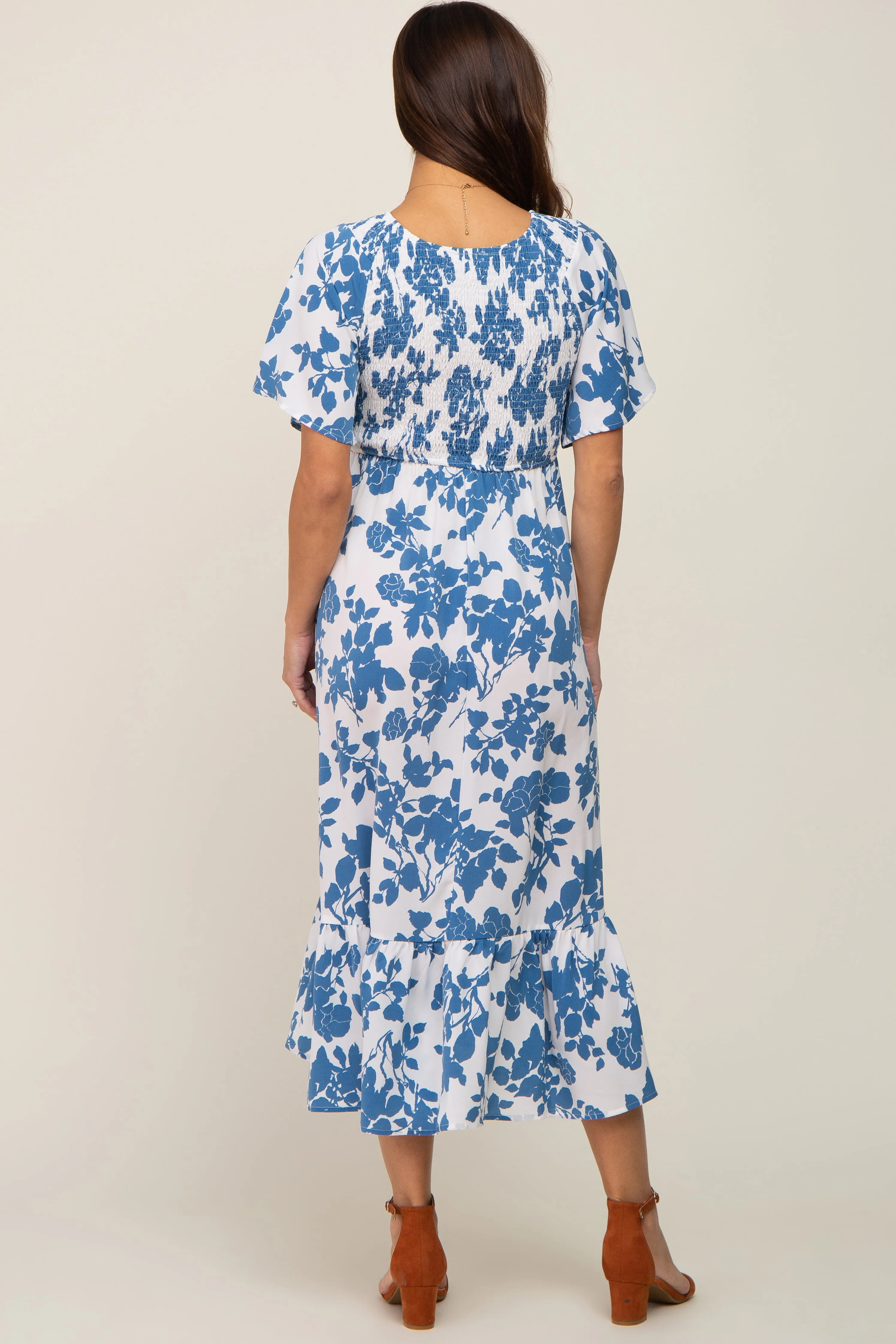 Blue Floral Smocked Maternity Midi Dress sold by Pinkblush product image thumbnail 4