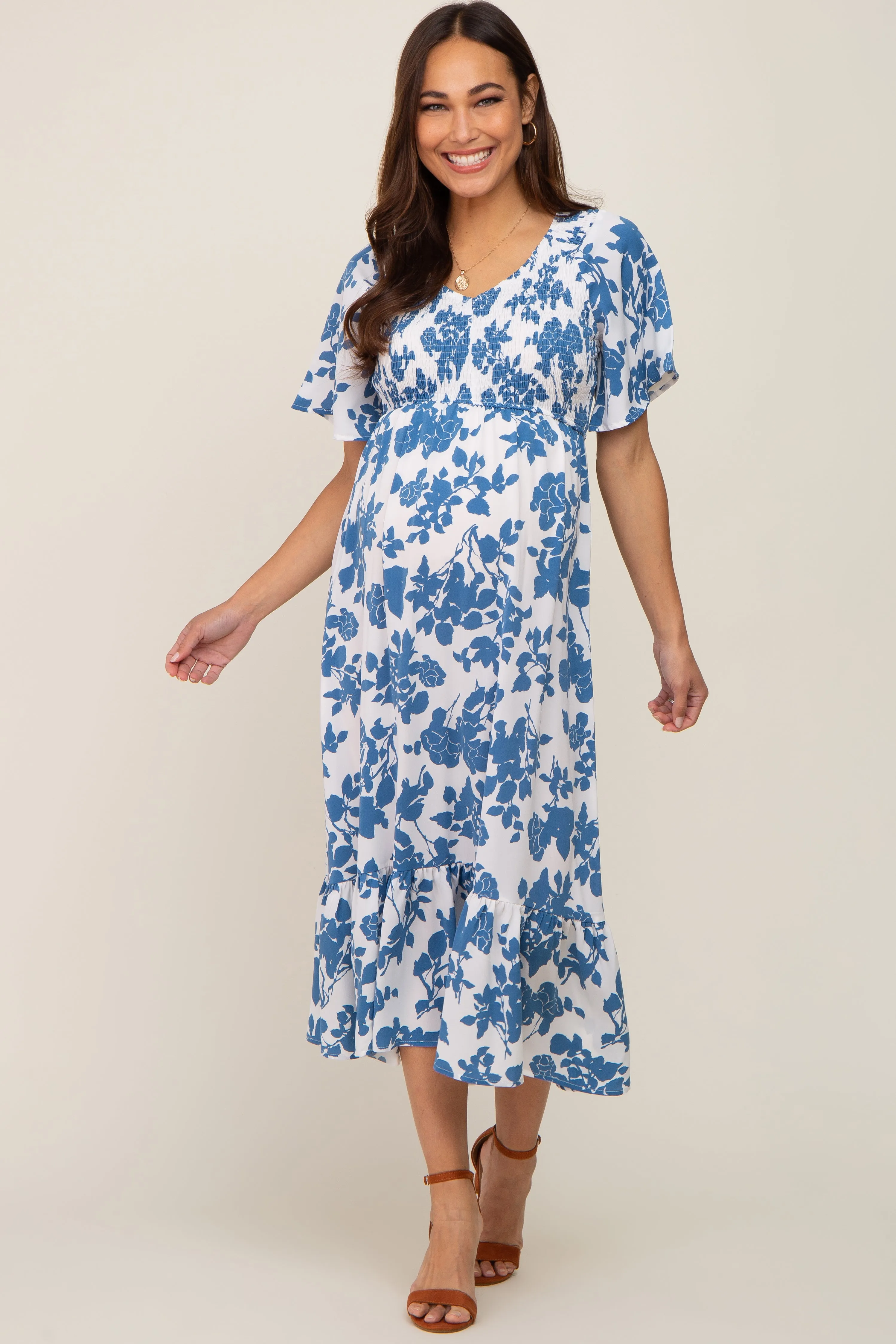 Blue Floral Smocked Maternity Midi Dress sold by Pinkblush