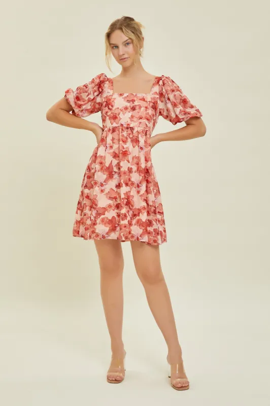 Peach Floral Square Neck Puff Short Sleeve Dress sold by Pinkblush