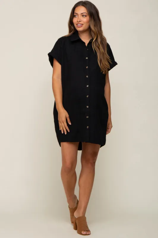 Black Ribbed Button Down Maternity Mini Dress sold by Pinkblush