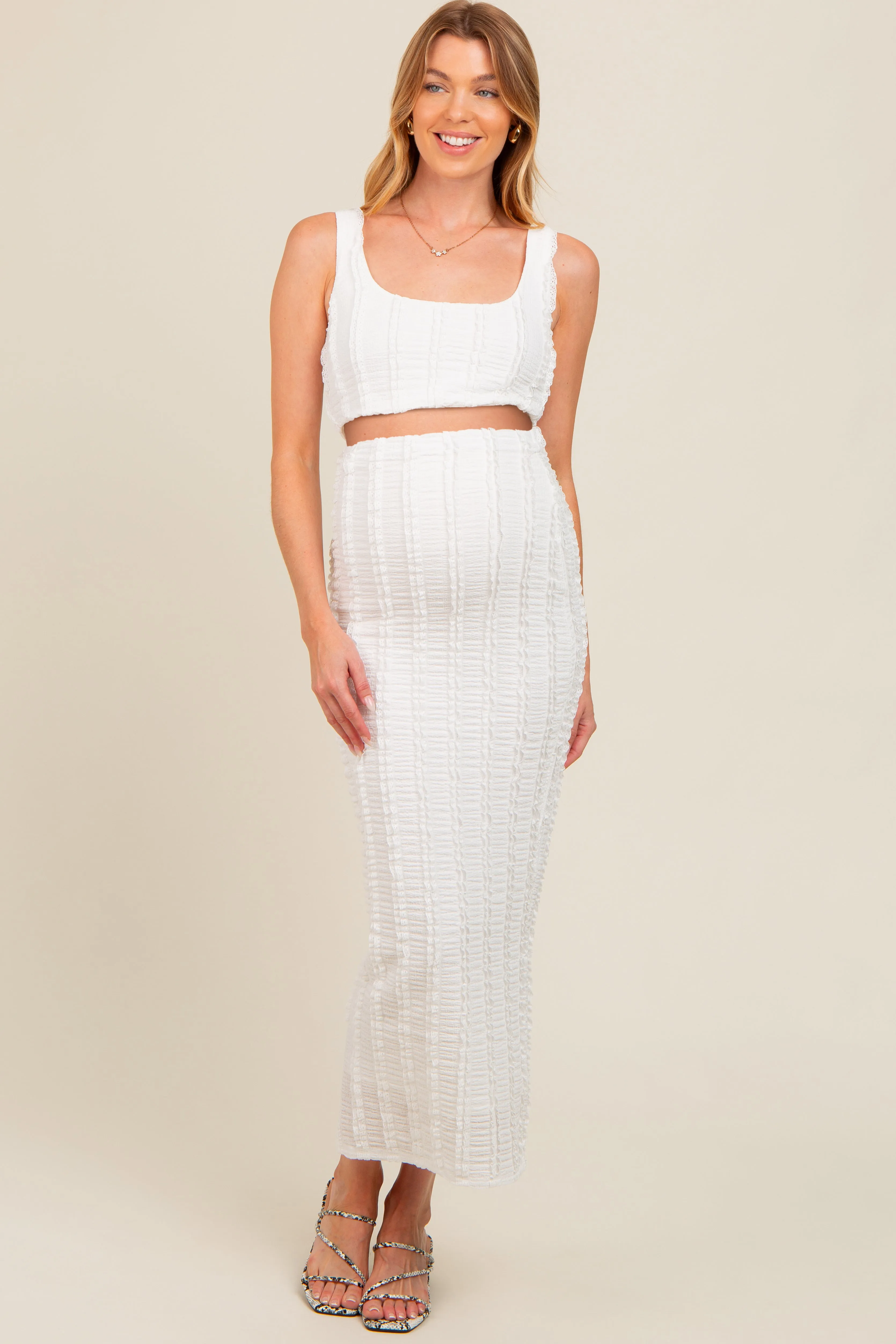 Ivory Crop Top Side Ruched Long Pencil Skirt Maternity Set sold by Pinkblush