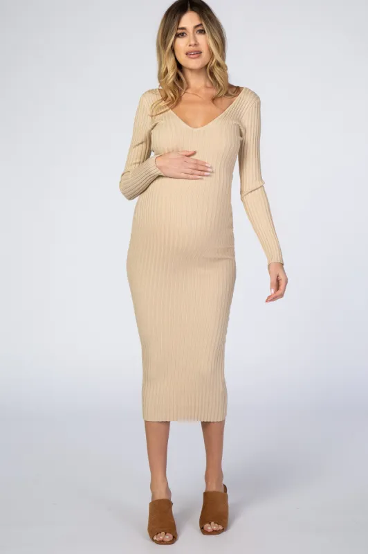 Taupe V-Neck Long Sleeve Fitted Maternity Maxi Dress sold by Pinkblush