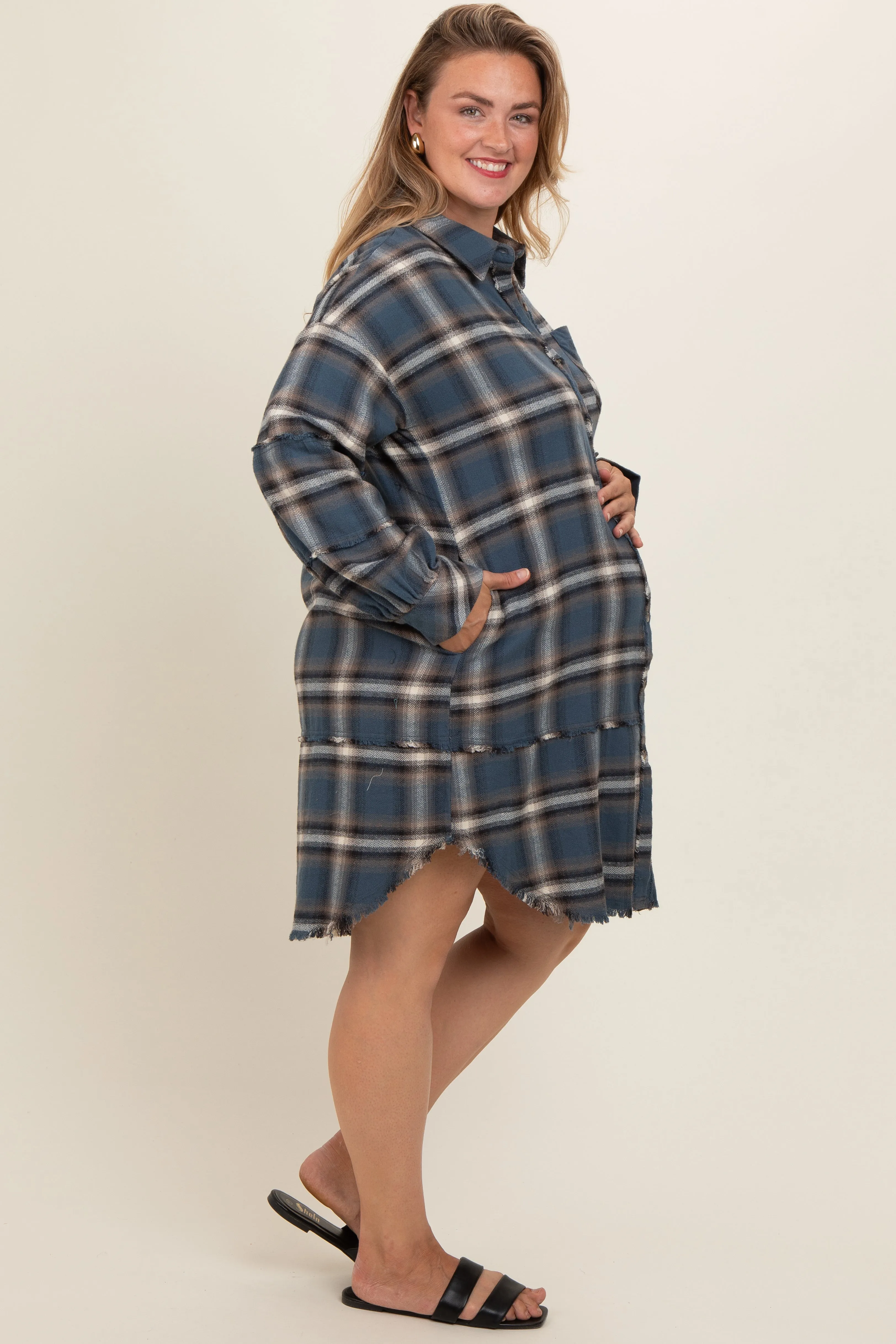 Blue Plaid Button Down Raw Hem Plus Maternity Dress sold by Pinkblush product image thumbnail 3