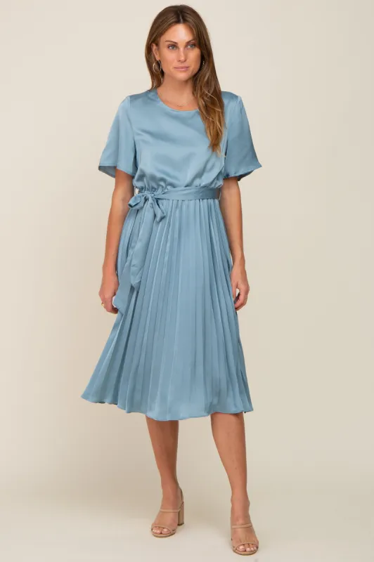 Blue Satin Pleated Midi Dress sold by Pinkblush