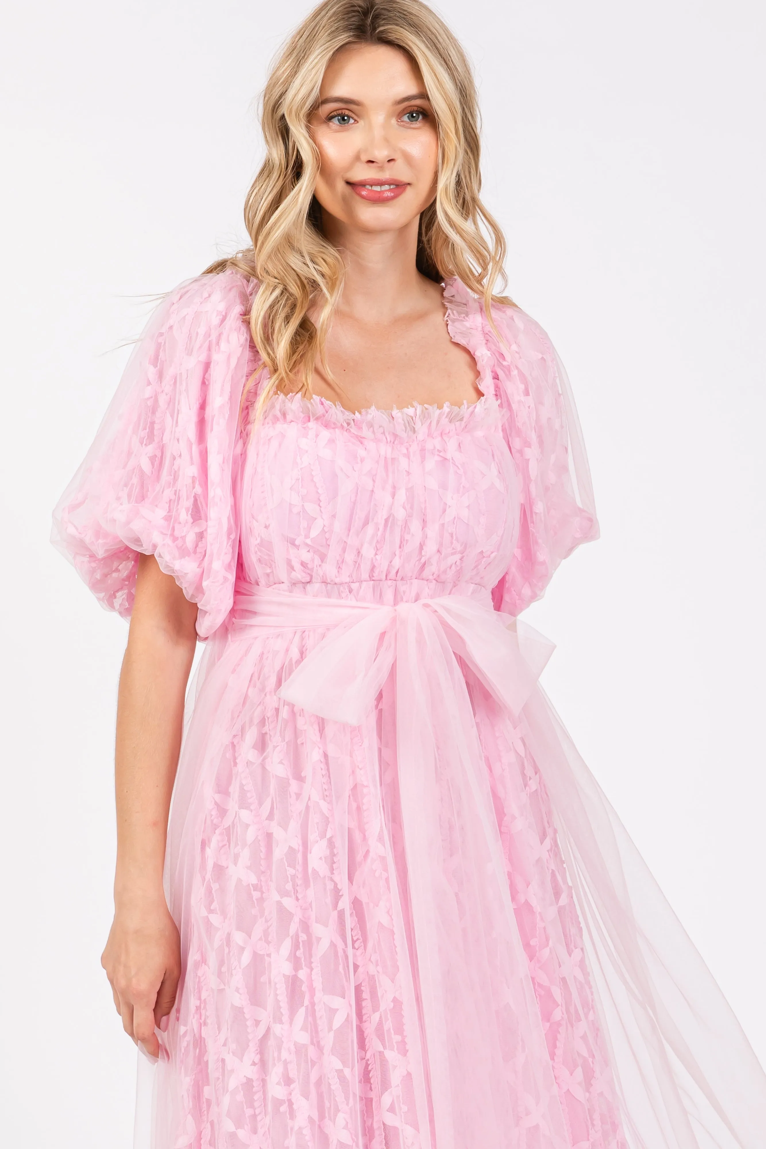 Pink Balloon Sleeve Embroidery Mesh Midi Dress sold by Pinkblush product image thumbnail 4