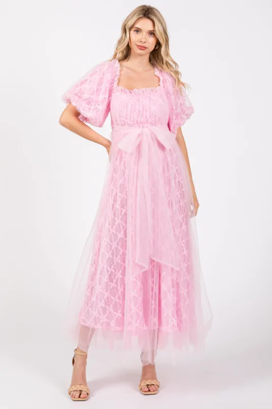 Pink Balloon Sleeve Embroidery Mesh Midi Dress sold by Pinkblush