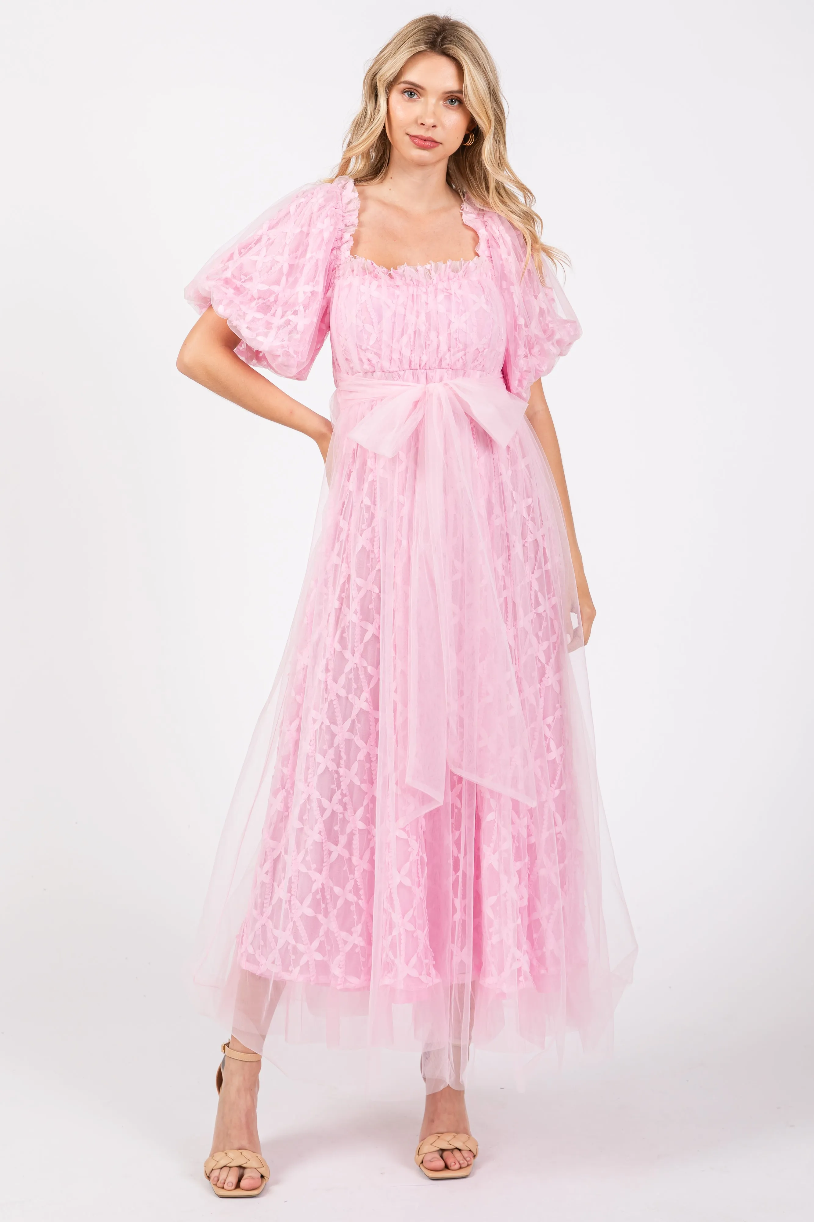 Pink Balloon Sleeve Embroidery Mesh Midi Dress sold by Pinkblush
