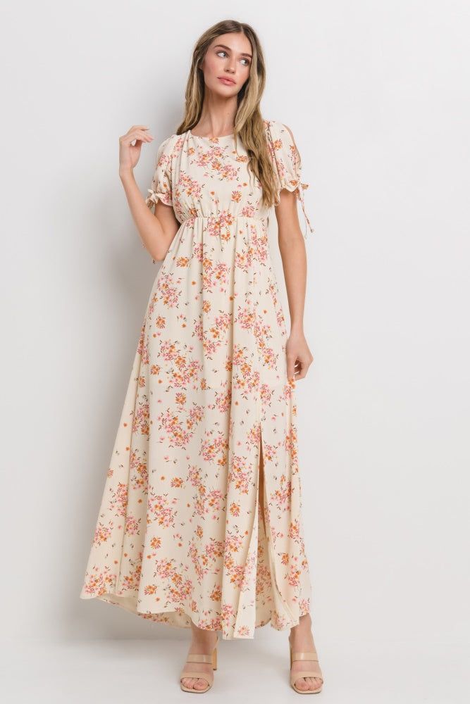 Cream Floral Open Back Maxi Dress sold by Pinkblush