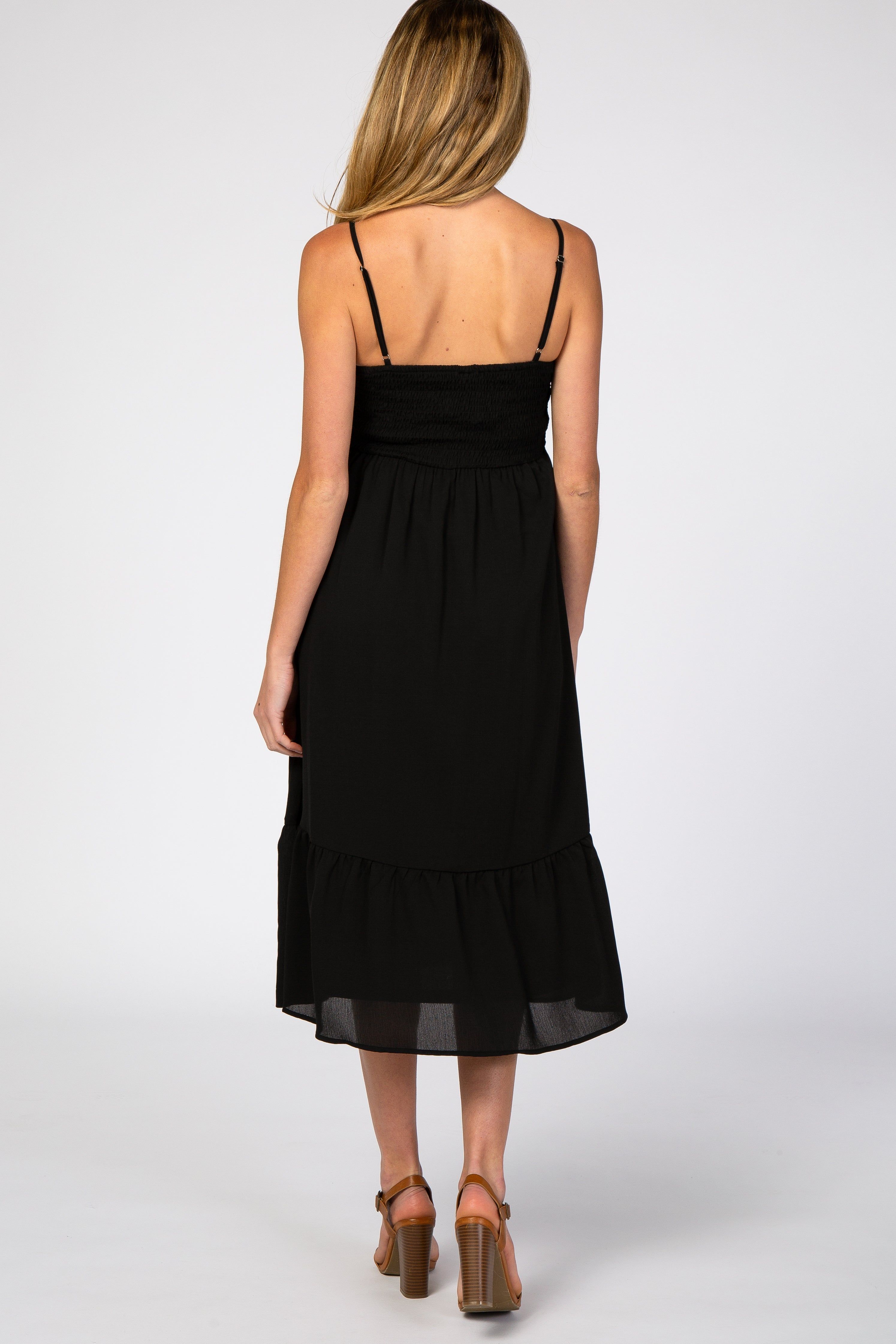 Black Smocked Chiffon Maternity Midi Dress sold by Pinkblush product image thumbnail 3