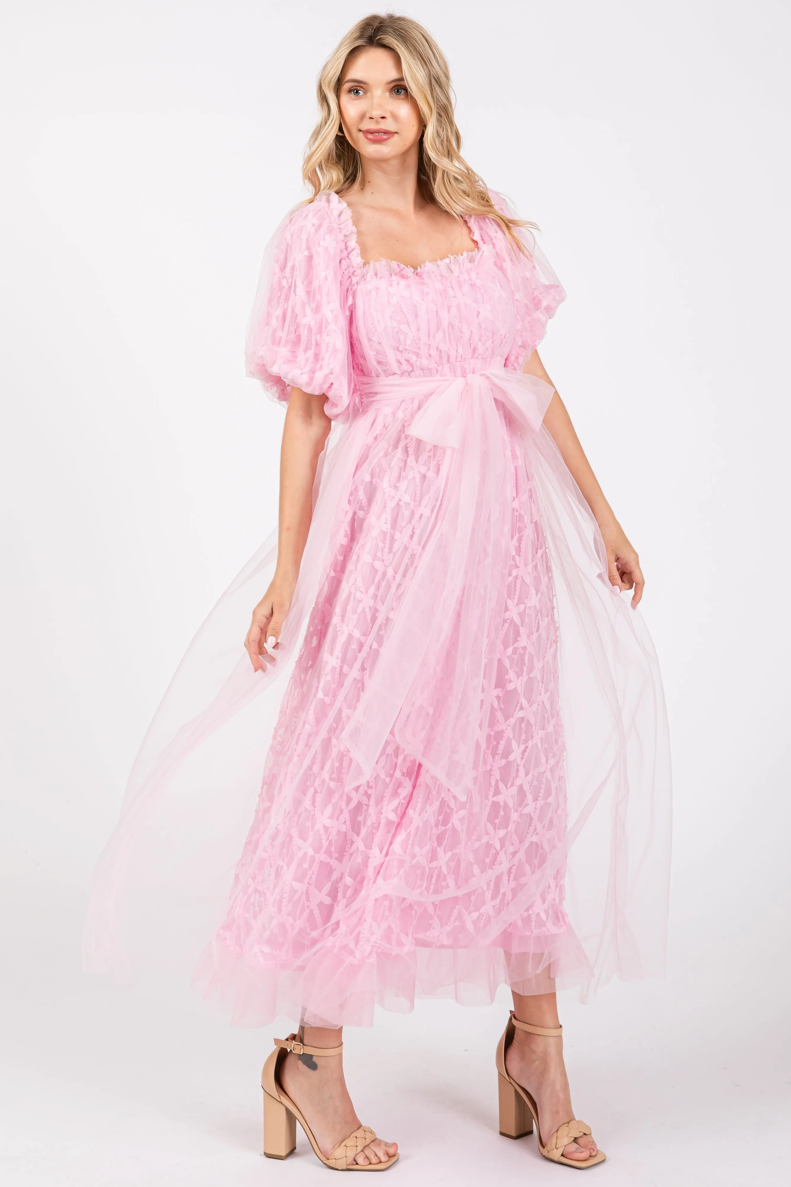 Pink Balloon Sleeve Embroidery Mesh Midi Dress sold by Pinkblush product image thumbnail 2