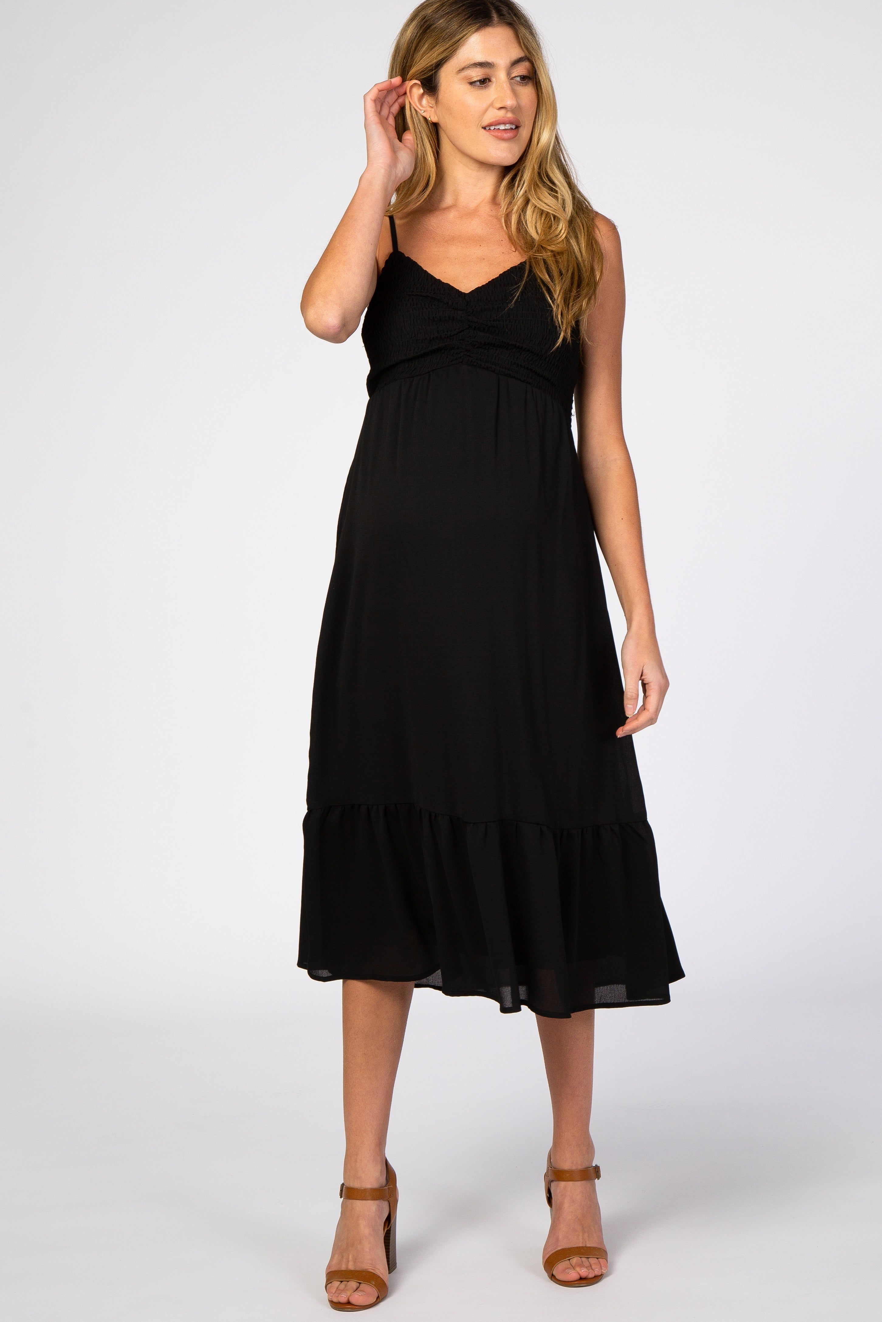 Black Smocked Chiffon Maternity Midi Dress sold by Pinkblush